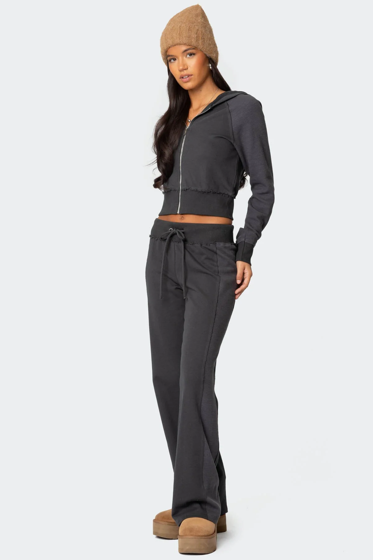 Gray Waffle Hooded Cardigan for Women