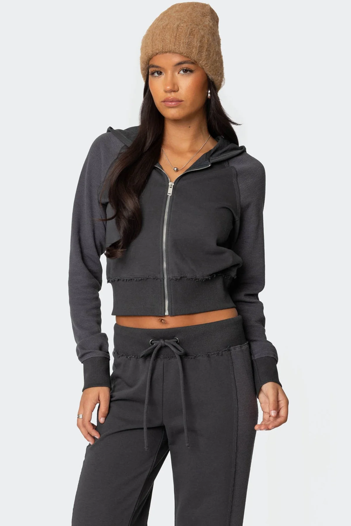 Gray Waffle Hooded Cardigan for Women