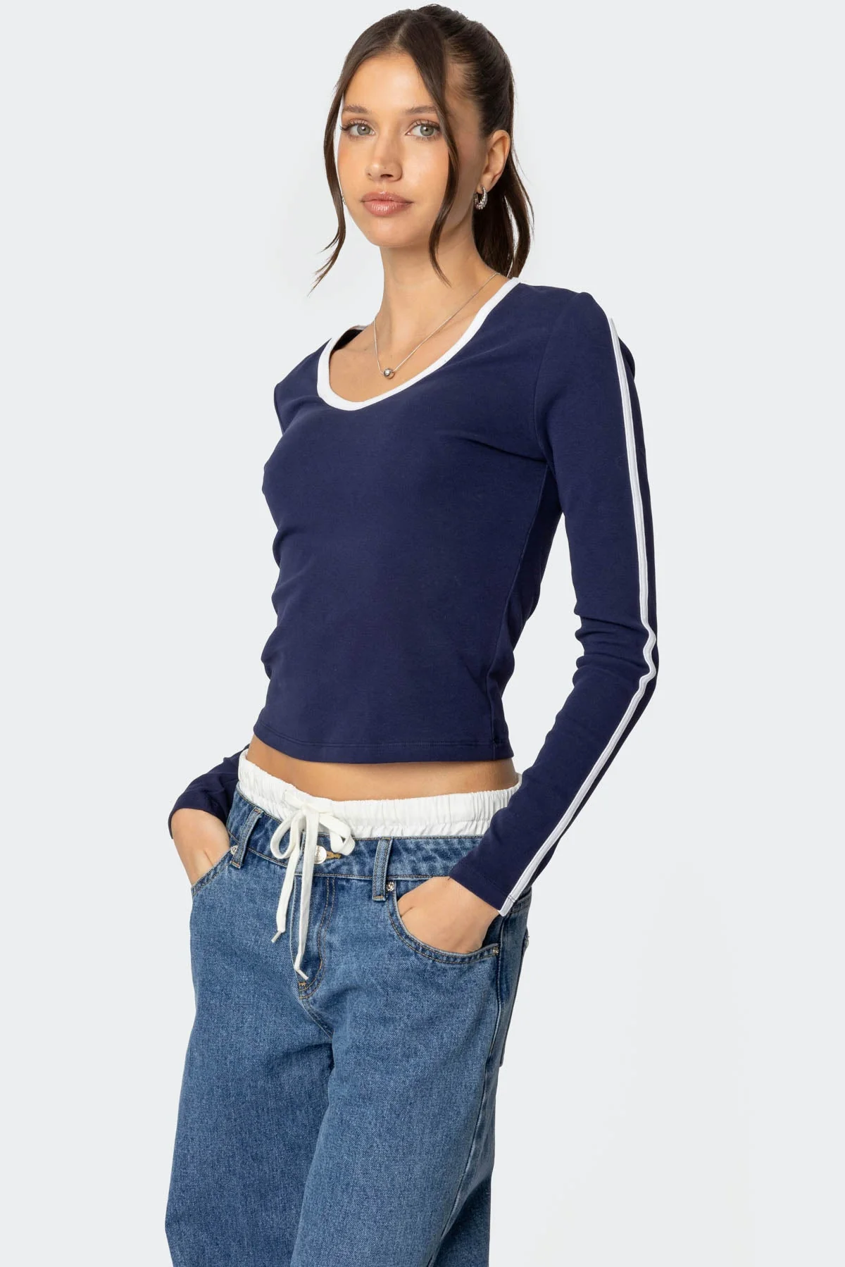 Navy V-Neck Long Sleeve Shirt