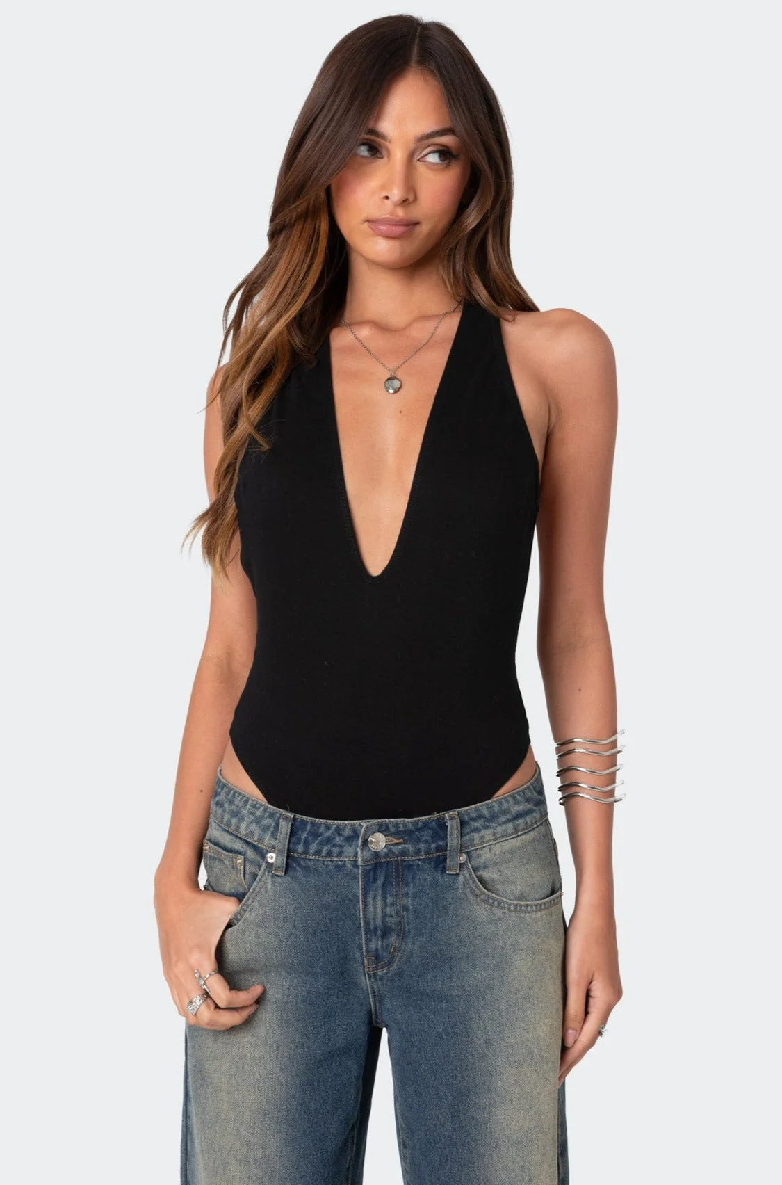 Sexy Deep V Backless Black Bodysuit