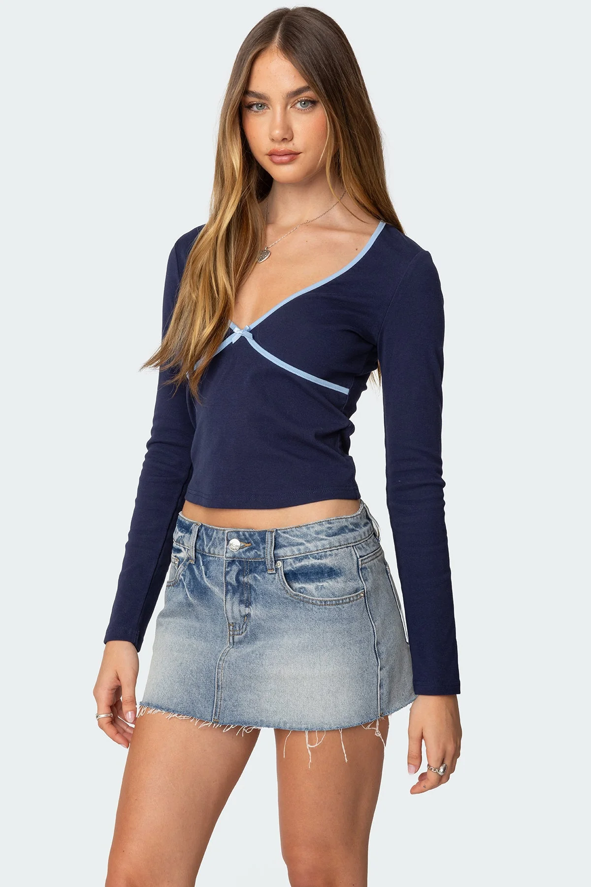 Navy V Neck Top with Contrast Detailing