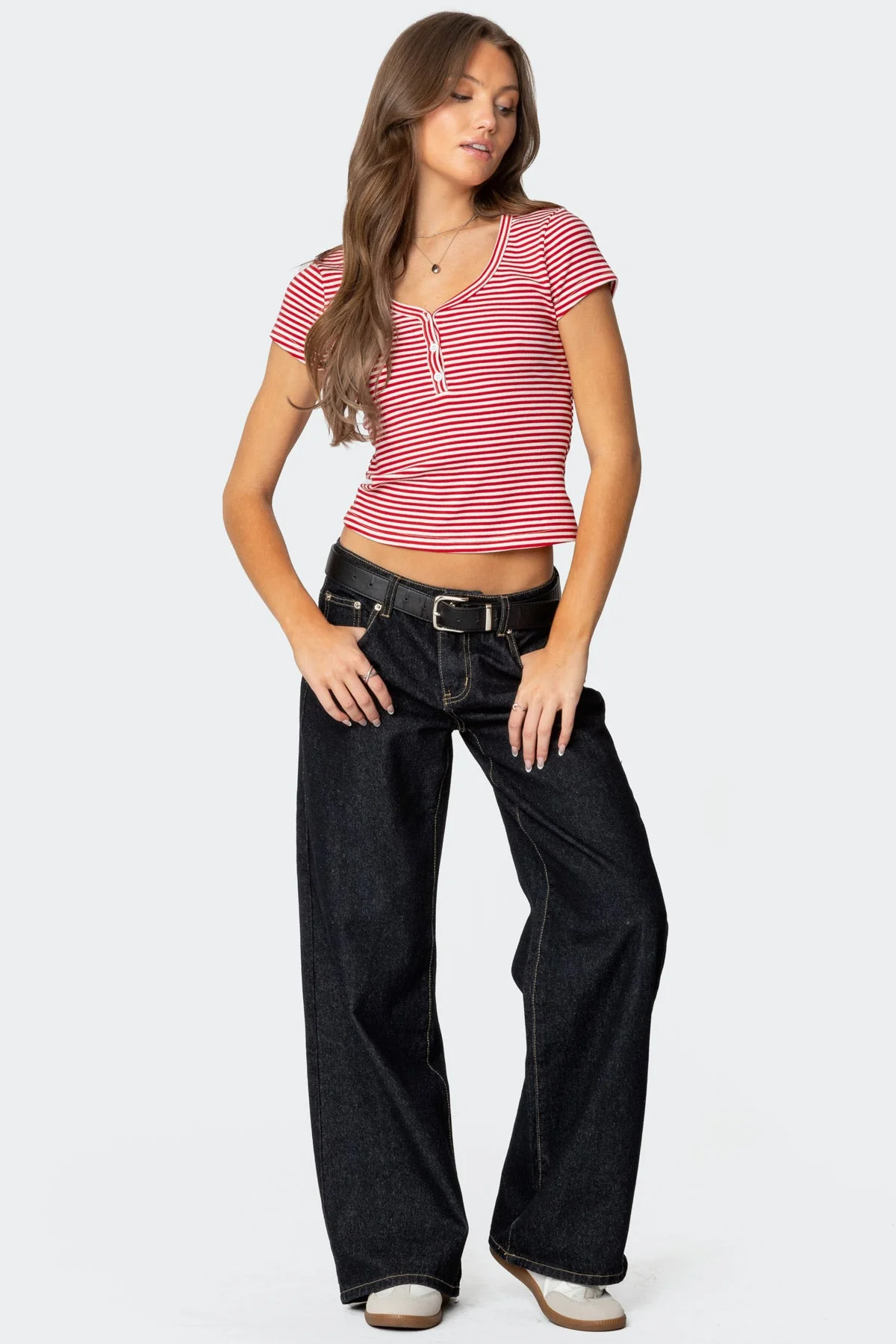 Striped Henley Cotton T-Shirt in Red for Women