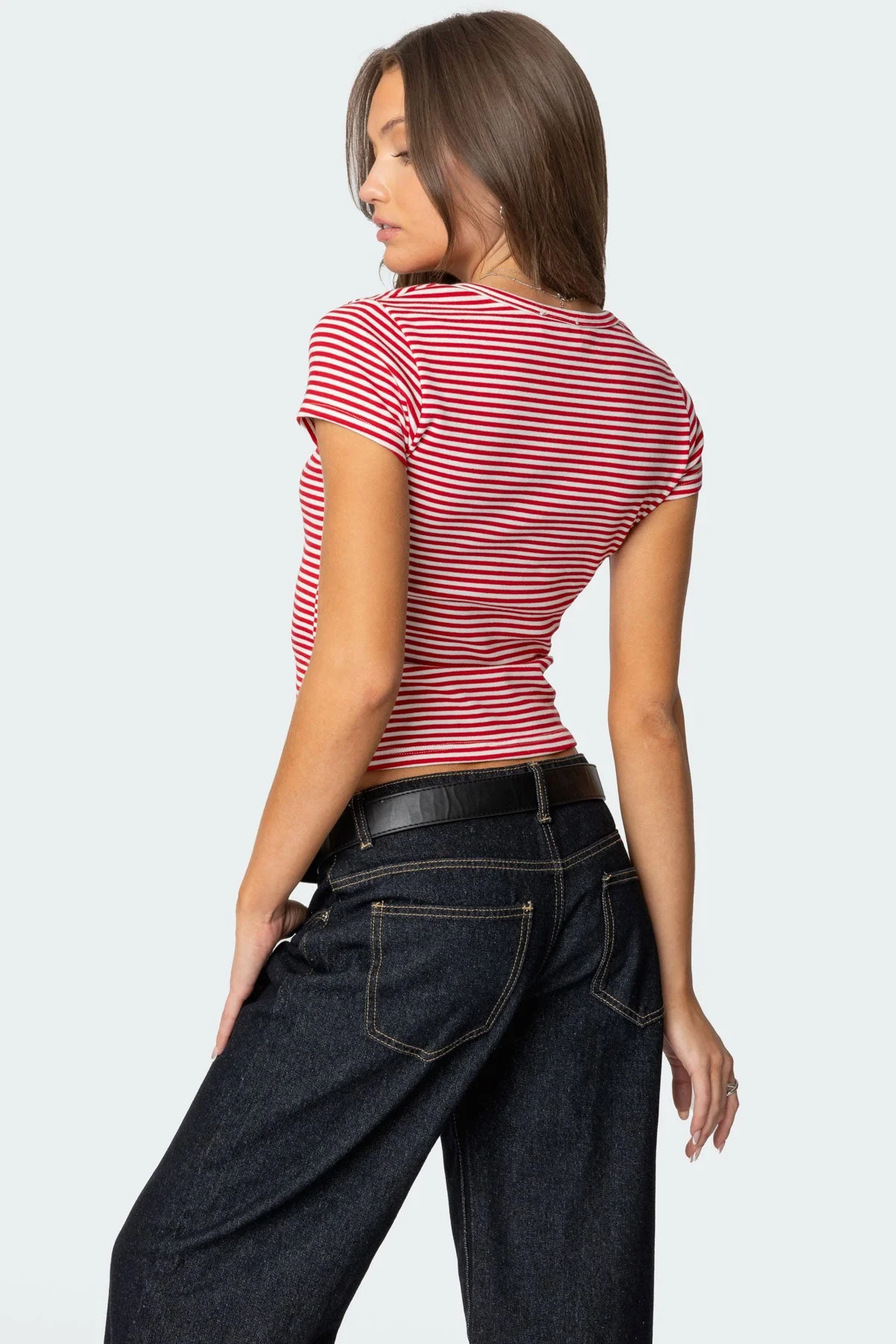 Striped Henley Cotton T-Shirt in Red for Women