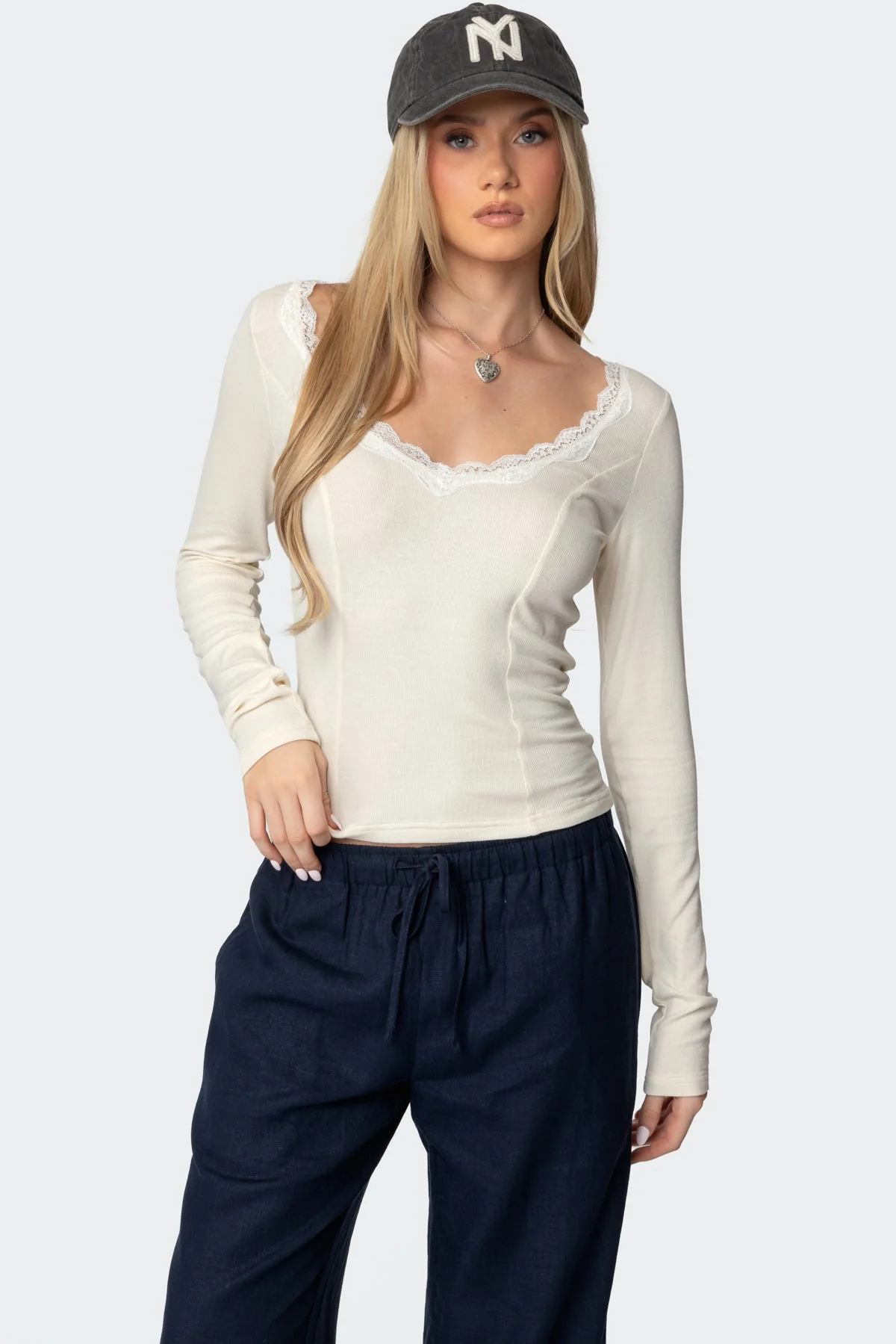 Cream V-Neck Lace Trim Top