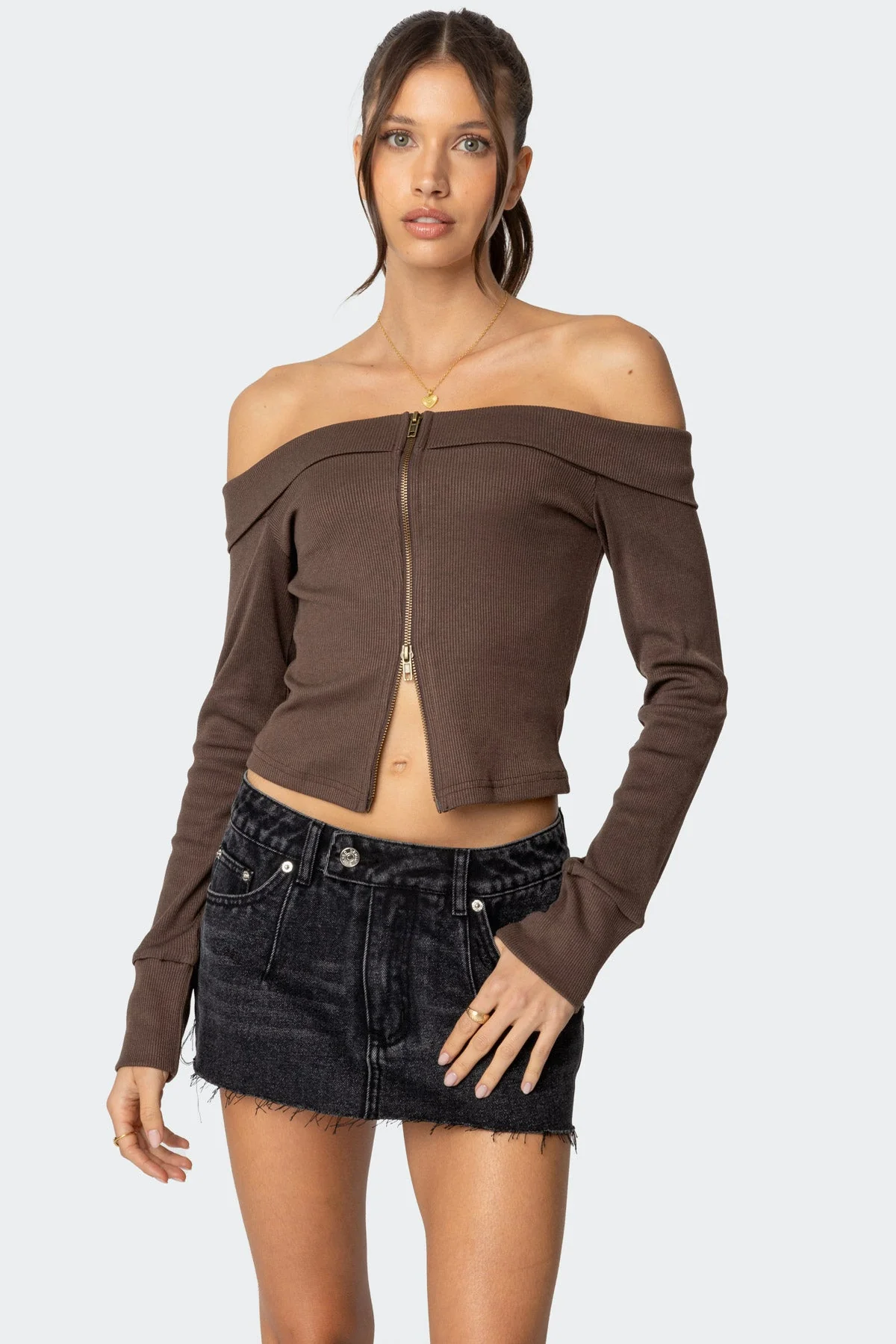 Brown Ribbed Fold Over Top Womens Long Sleeve