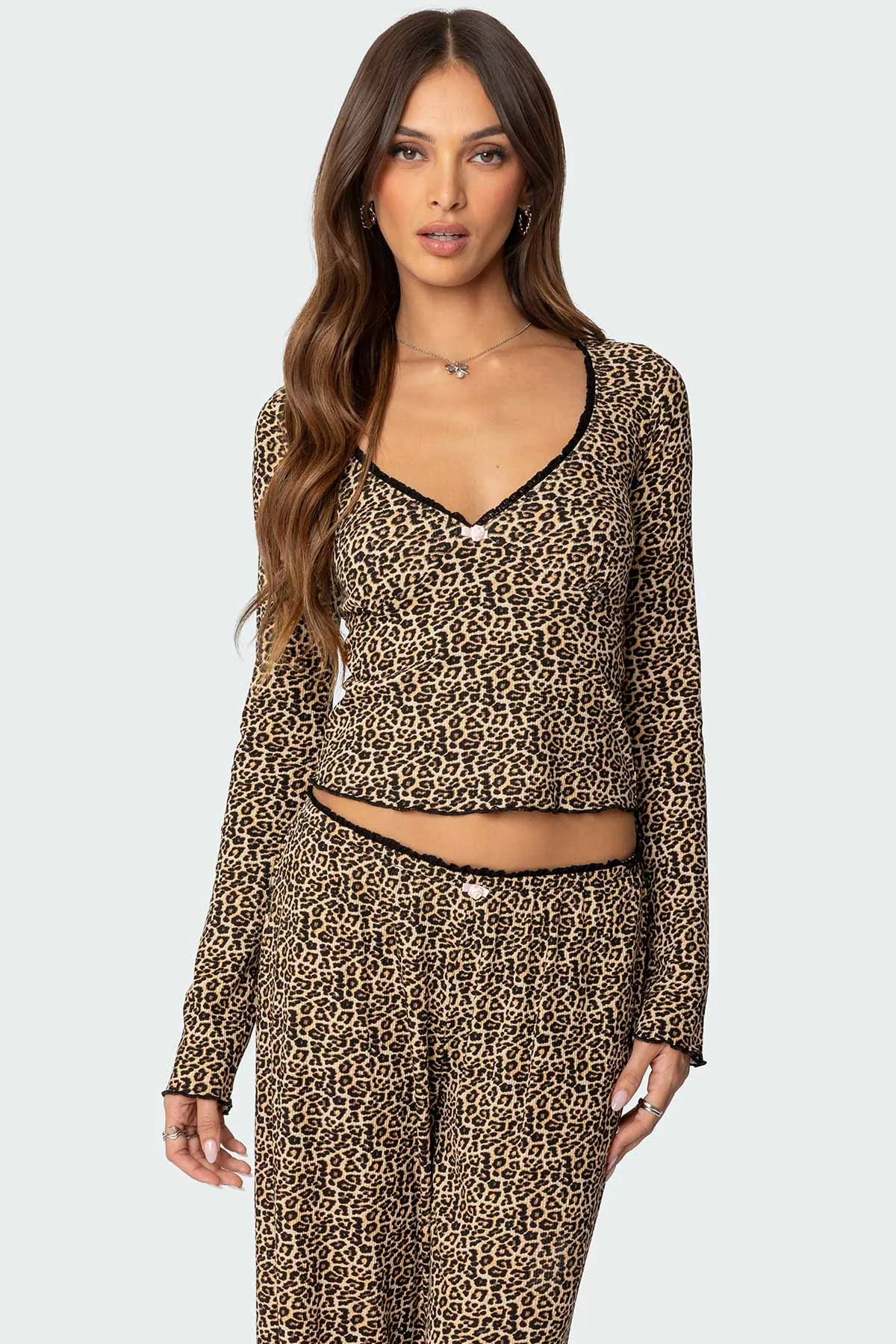 Leopard Print V-Neck Ribbed Top - Comfortable Sleepwear