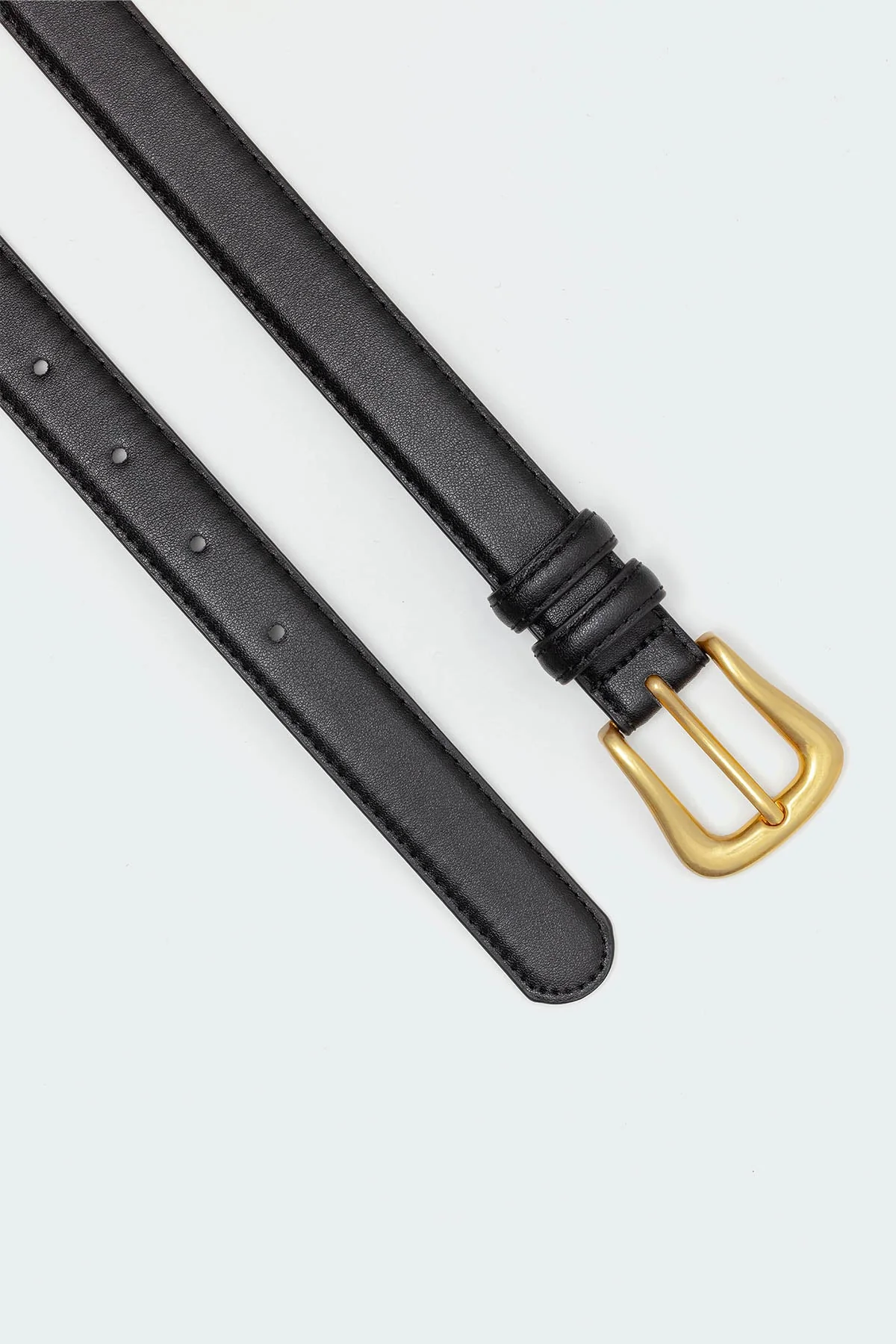 Faux Leather Belt with Gold Buckle - Black Skinny Belt for Men and Women