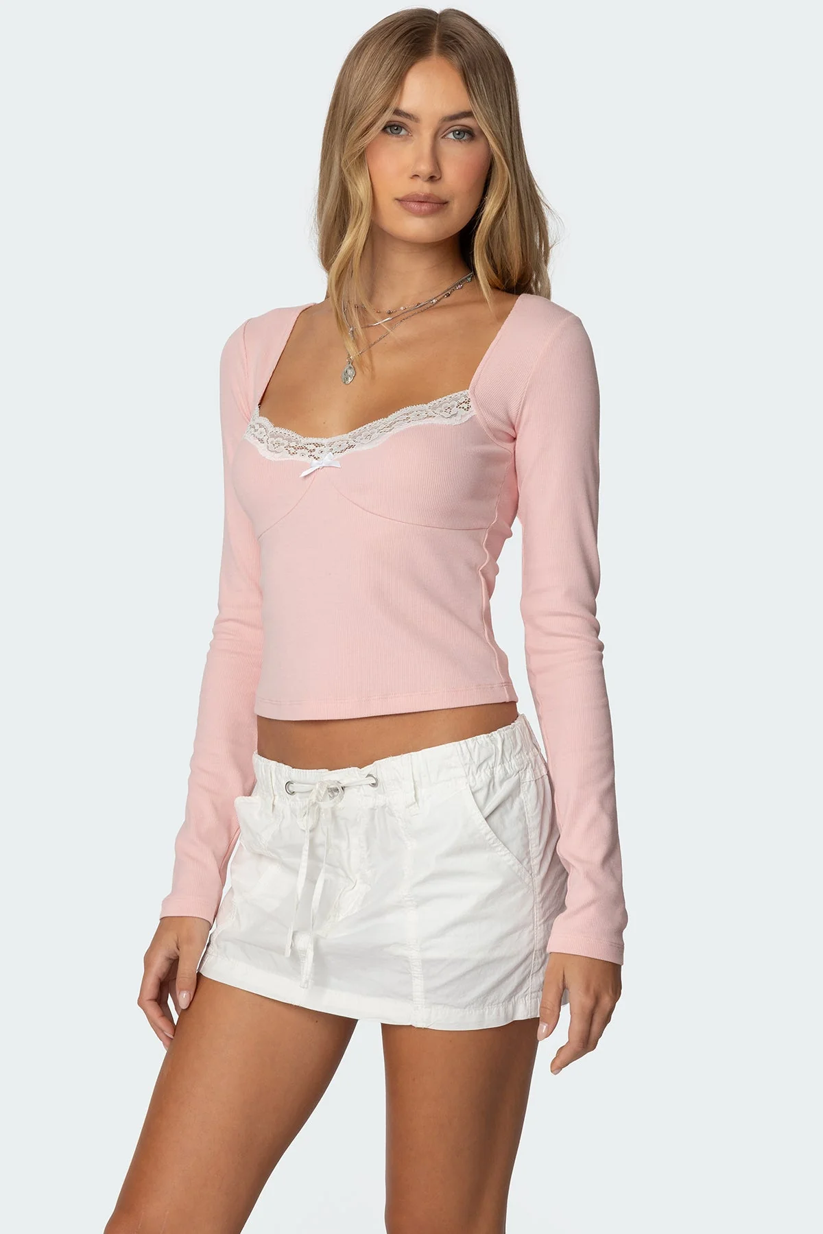 Pink Ribbed Top with Lace Trim - Long Sleeve Design
