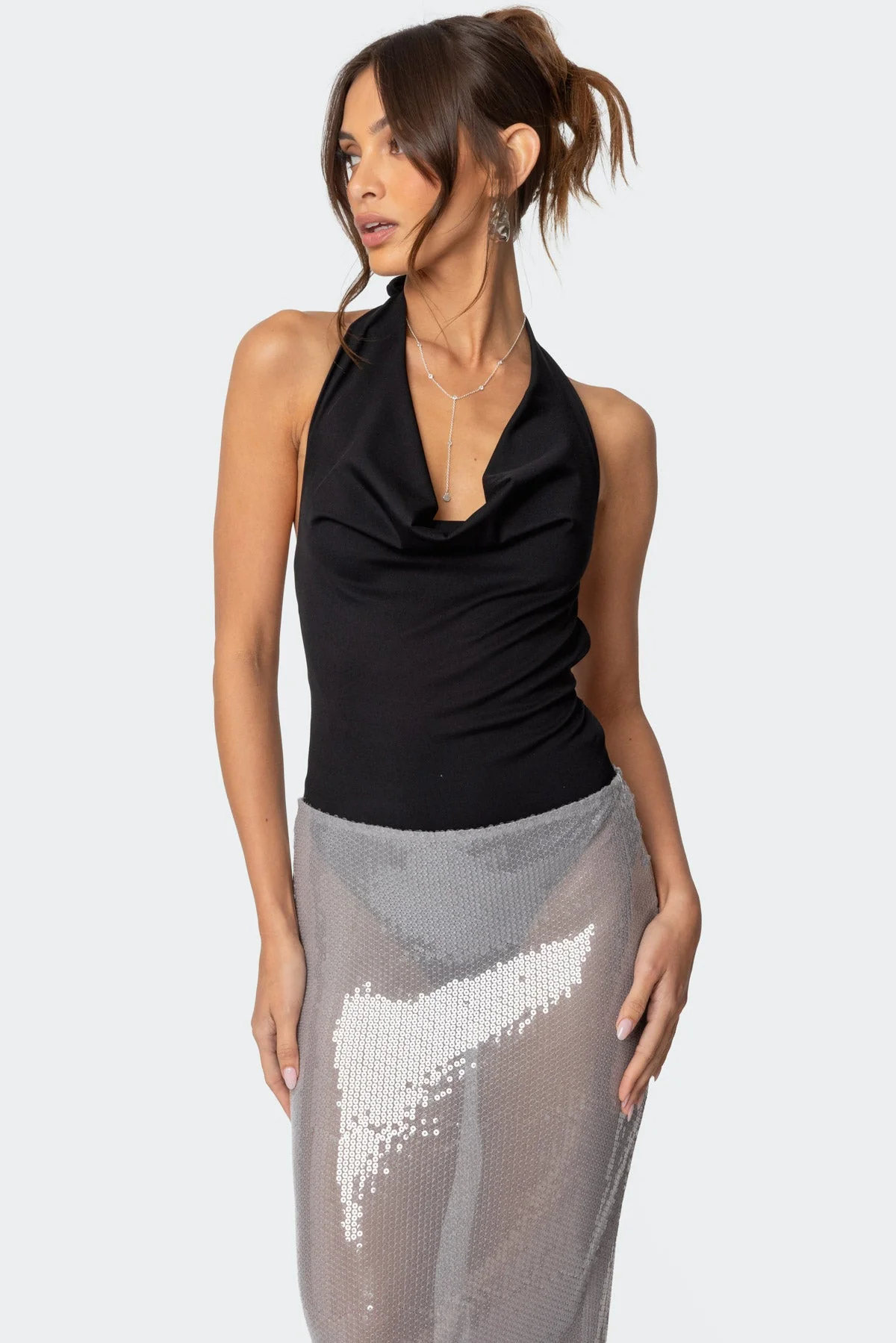 Sexy Open Back Cowl Neck Bodysuit in Black - XS-XL