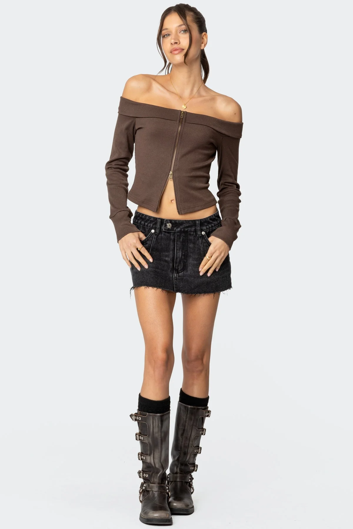 Black Distressed Denim Mini Skort