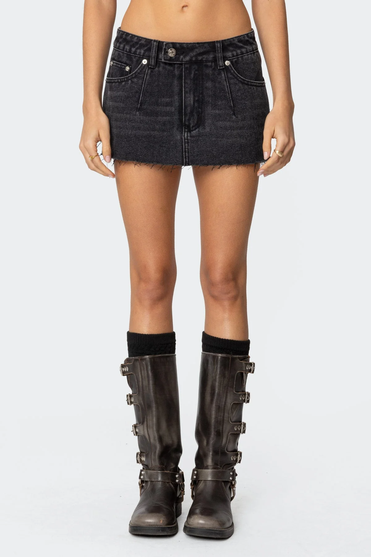 Black Distressed Denim Mini Skort