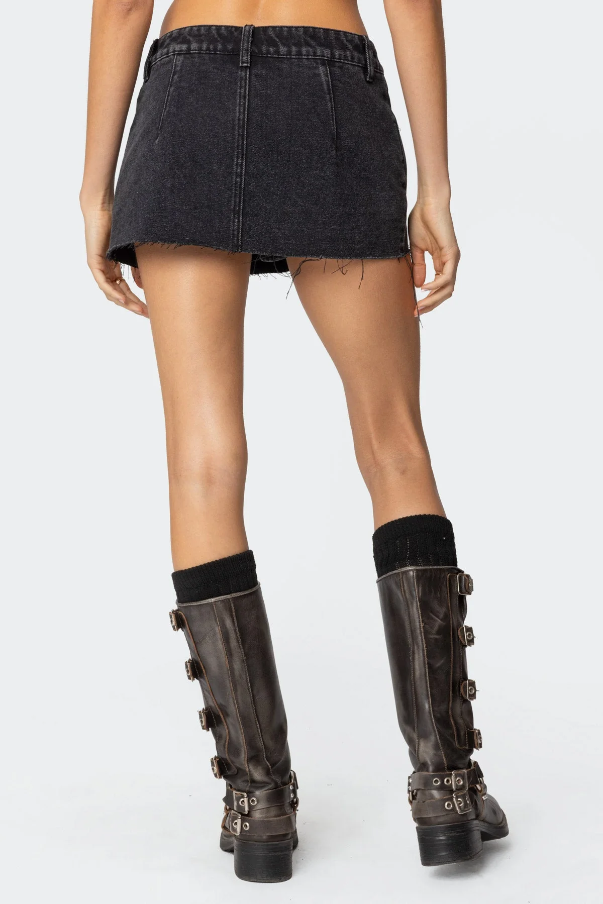 Black Distressed Denim Mini Skort