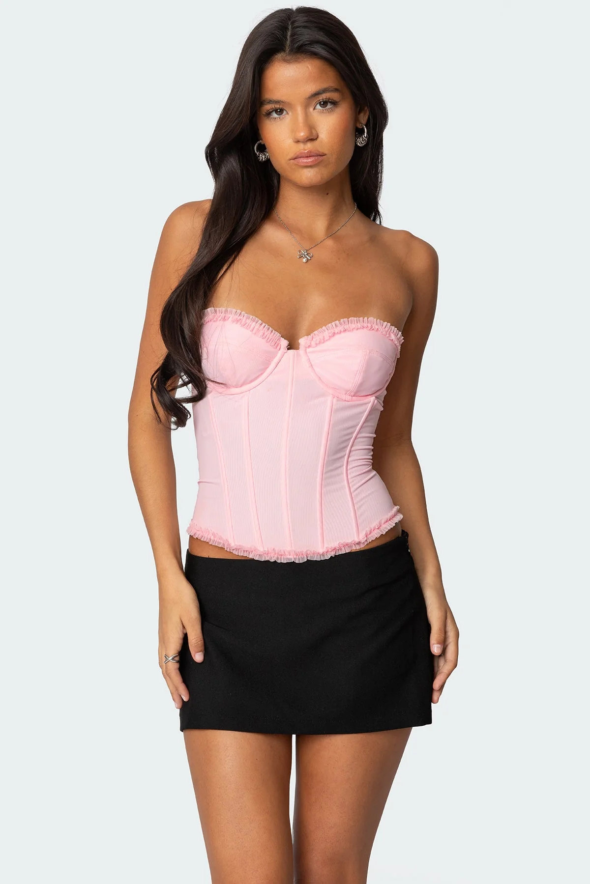 Lace Up Corset with Mesh Detailing in Pink