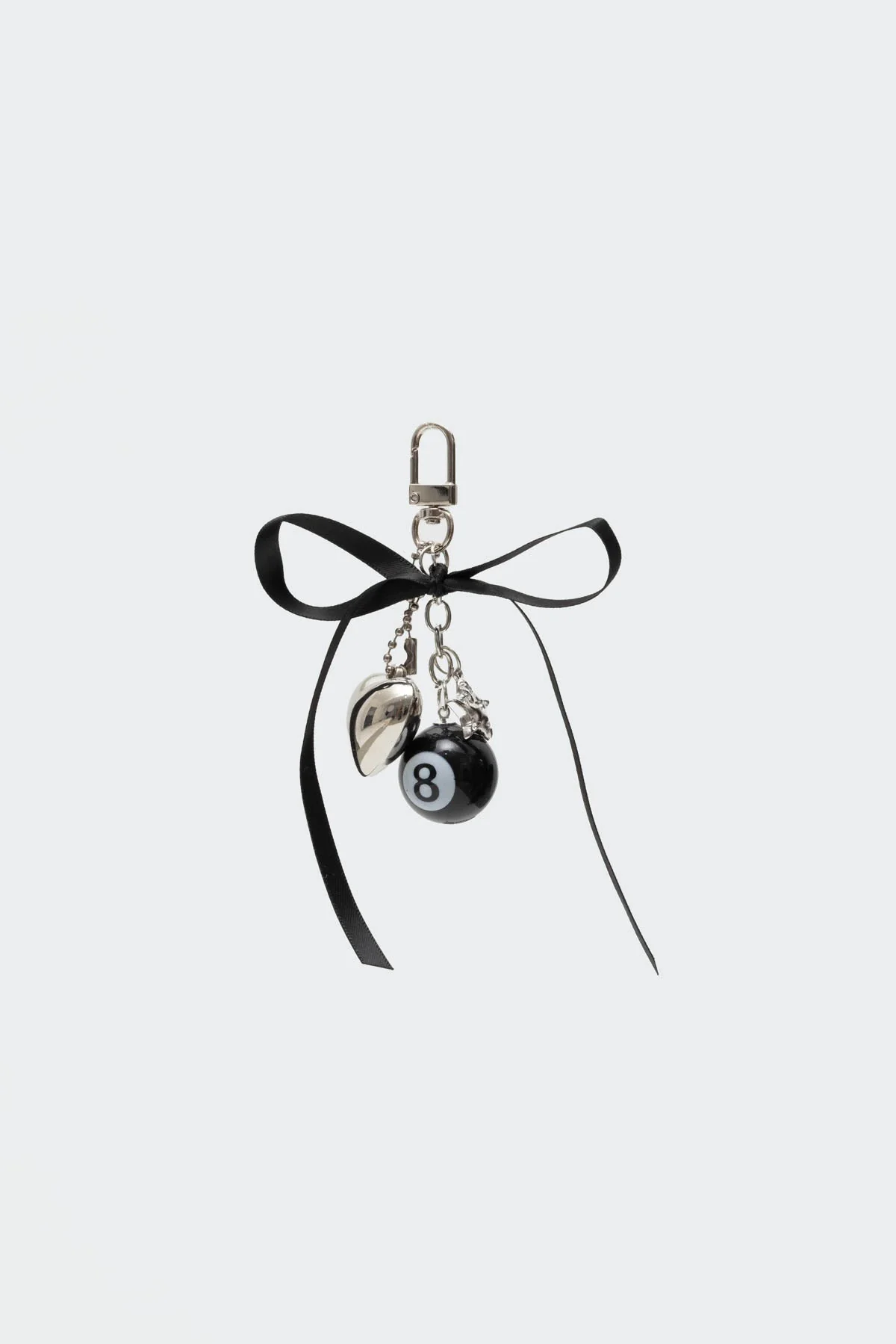Ribbon Detail 8 Ball Heart Keychain Silver Tone Metal