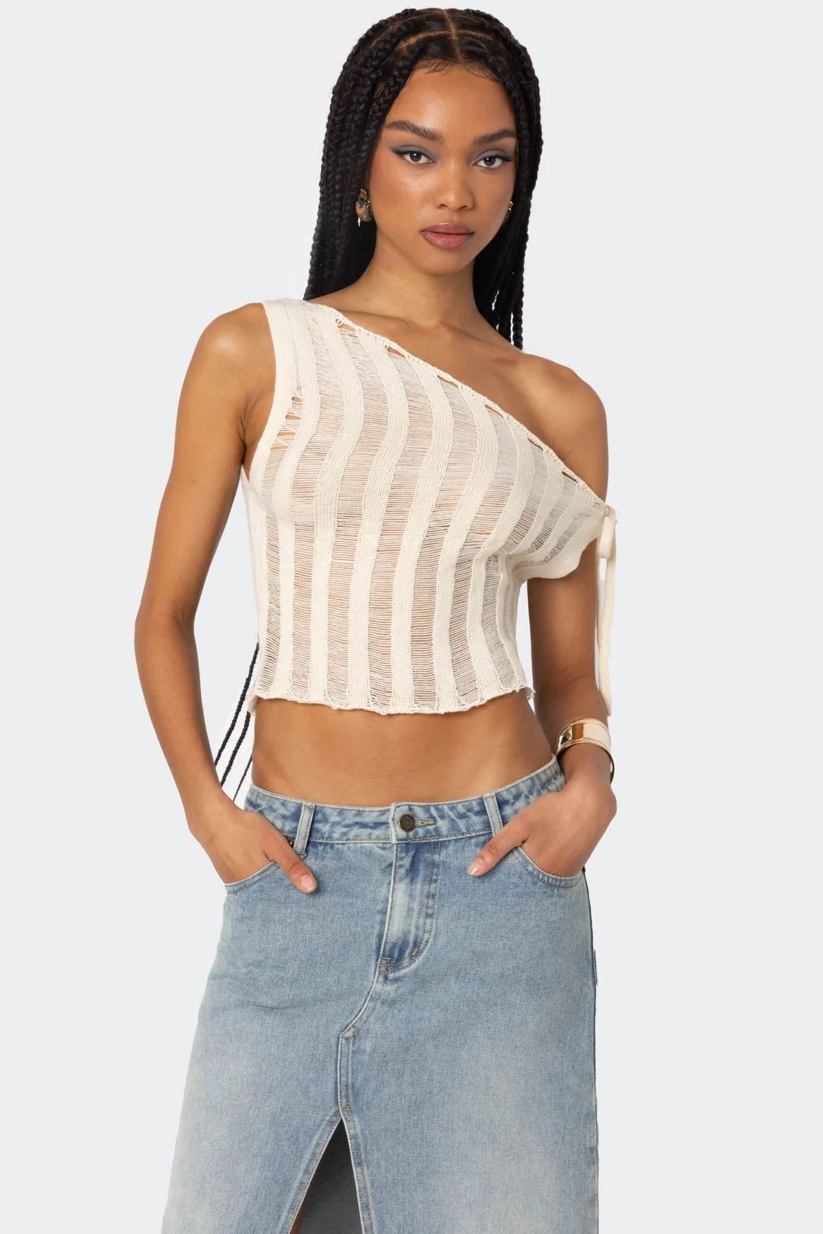 Tamra Sheer Knit Off-Shoulder Top in Cream