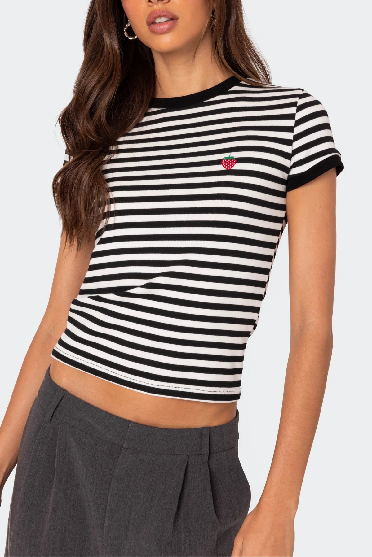 Black and White Striped T-Shirt with Embroidered Strawberry Detail