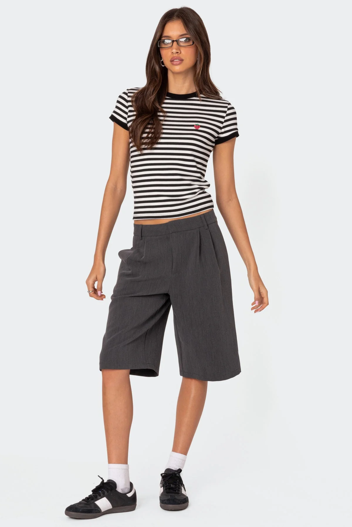 Black and White Striped T-Shirt with Embroidered Strawberry Detail