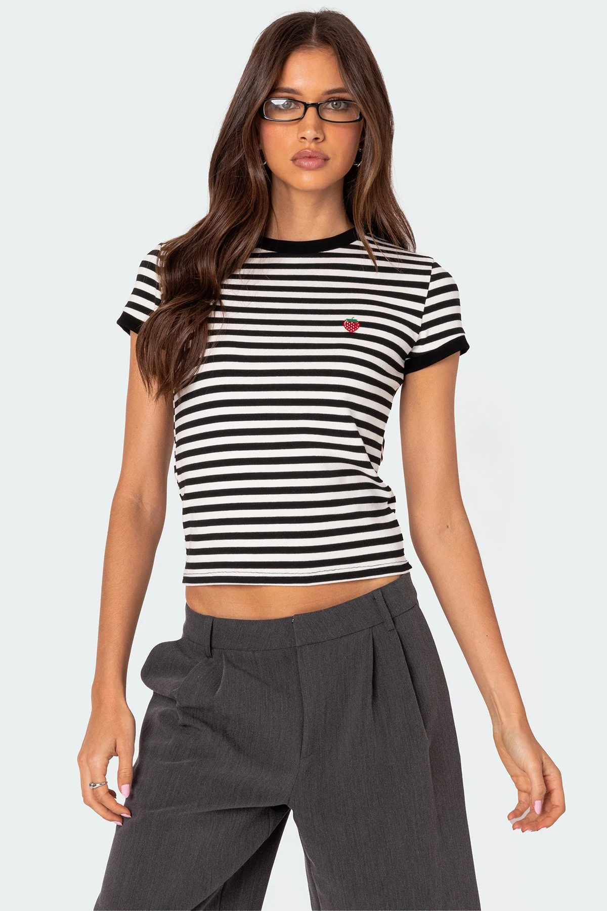 Black and White Striped T-Shirt with Embroidered Strawberry Detail