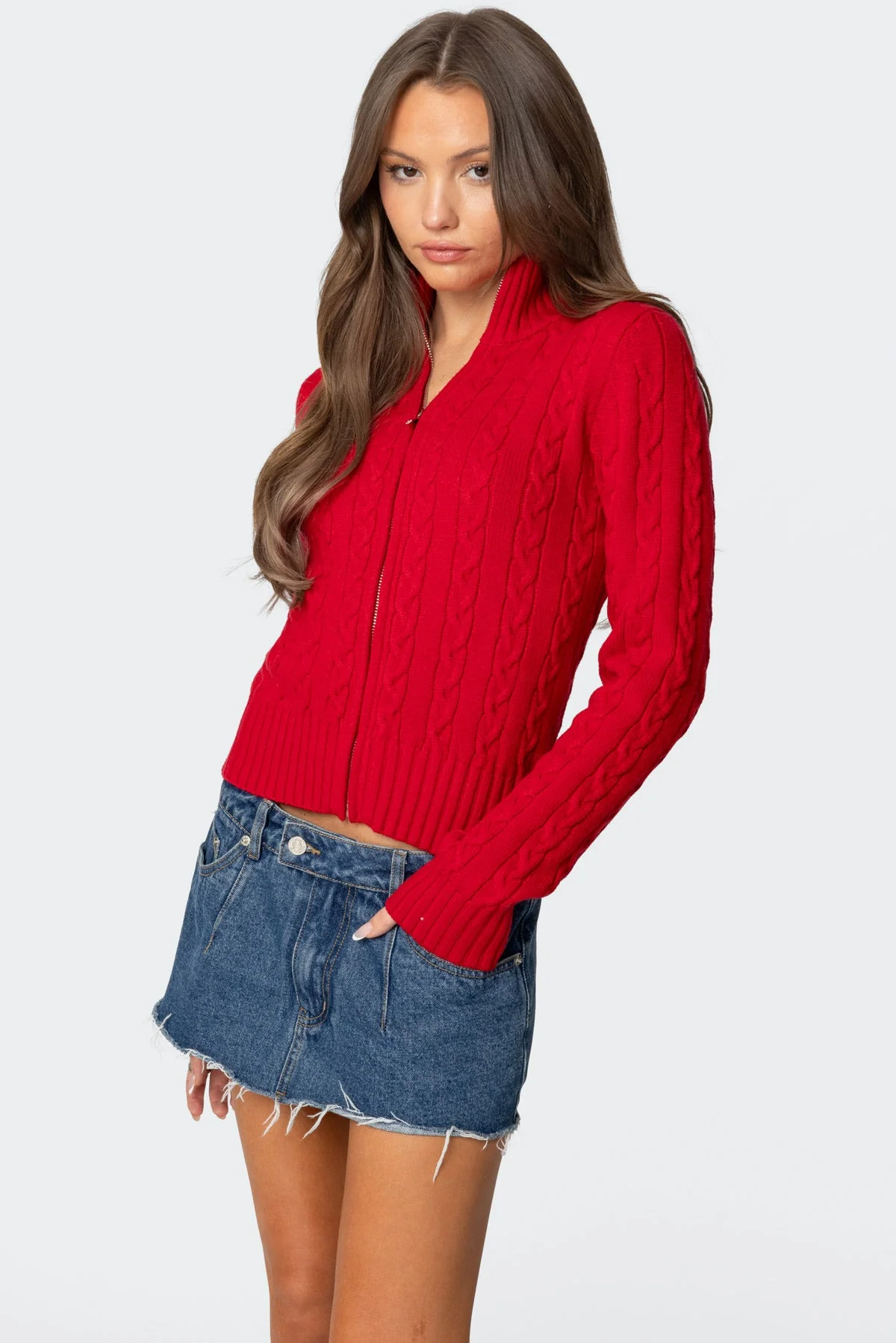 Red Cable Knit Cardigan with Zip Closure