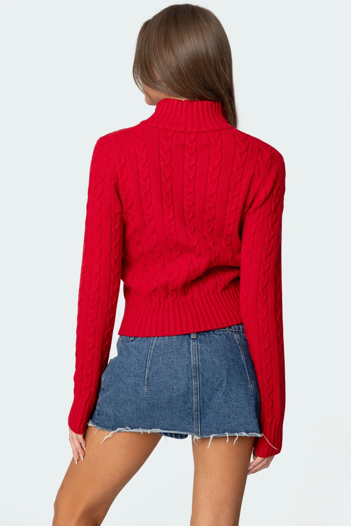 Red Cable Knit Cardigan with Zip Closure
