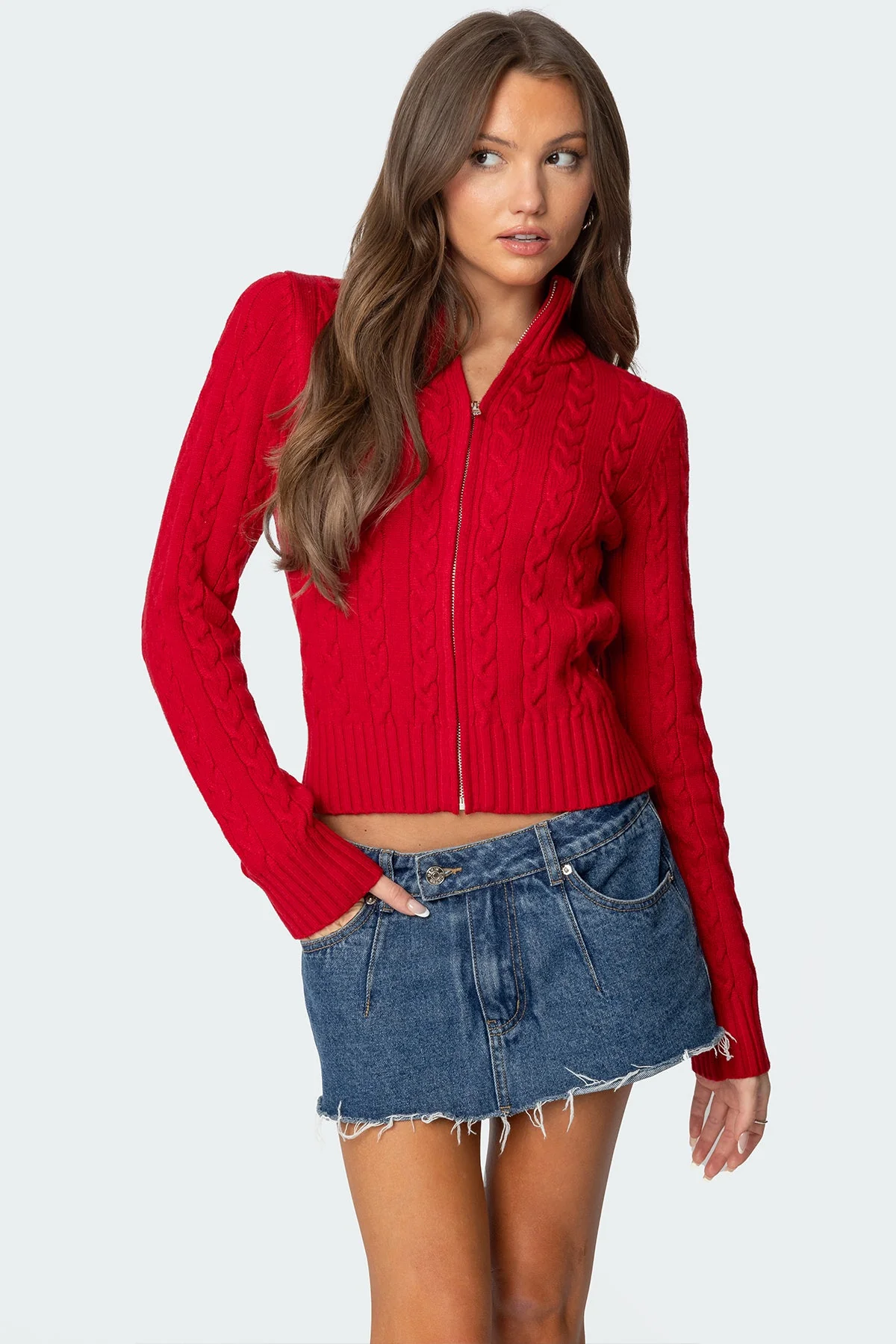 Red Cable Knit Cardigan with Zip Closure