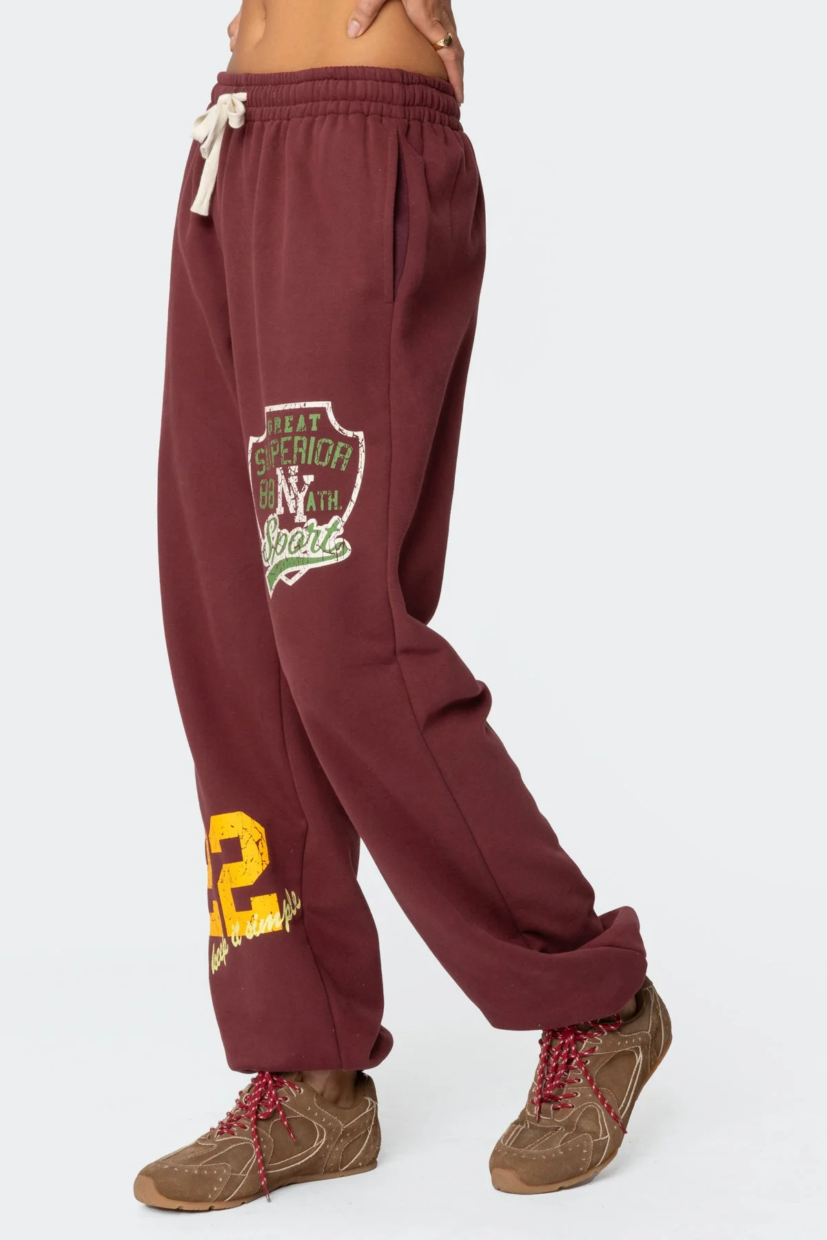 Burgundy Oversized Sweatpants Elastic Waist & Ankle Graphic Print