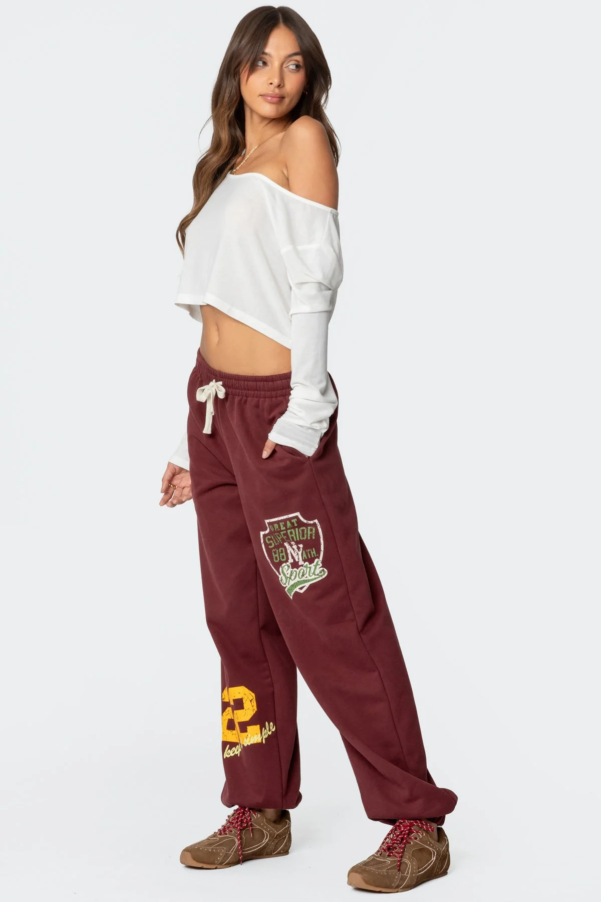Burgundy Oversized Sweatpants Elastic Waist & Ankle Graphic Print