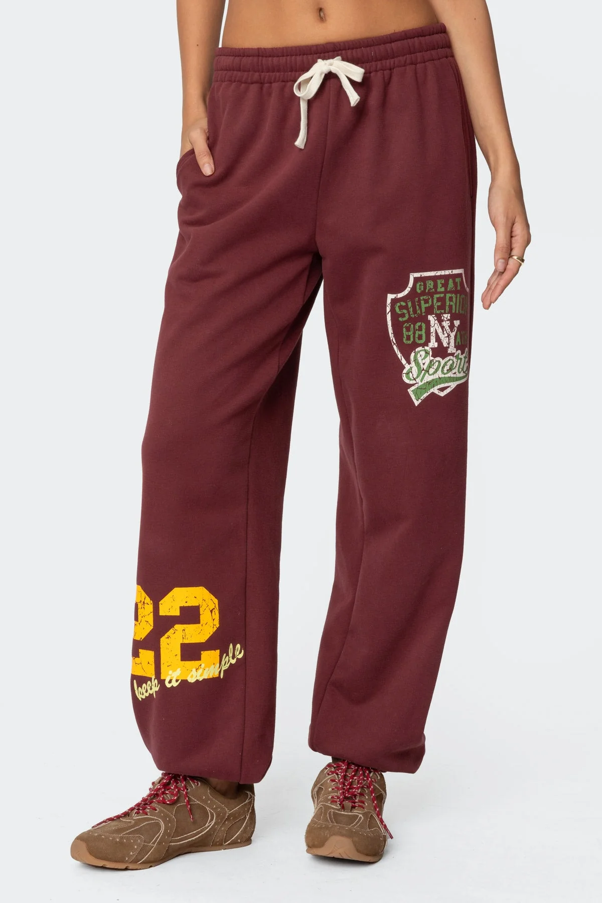 Burgundy Oversized Sweatpants Elastic Waist & Ankle Graphic Print