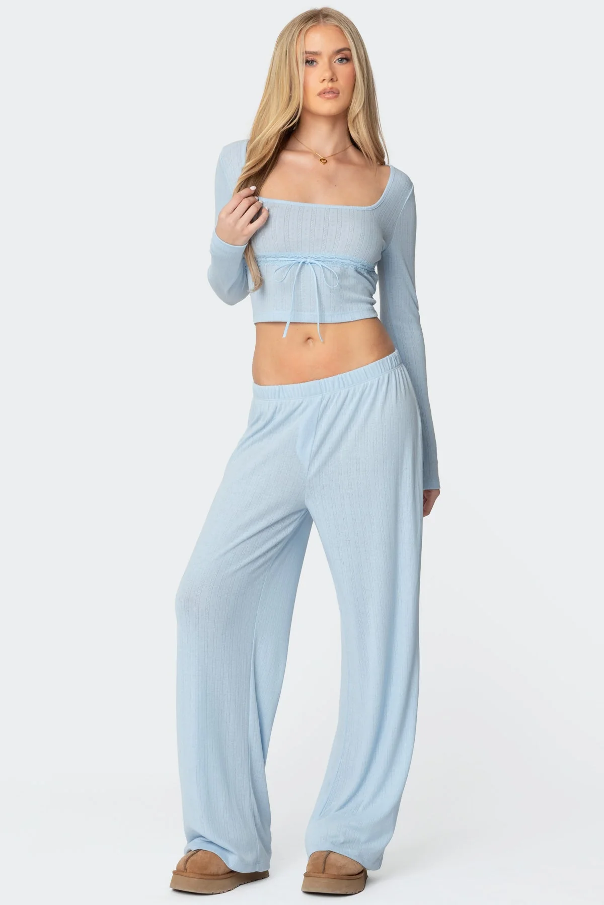 Light Blue Pointelle Sleepwear Pants for Women