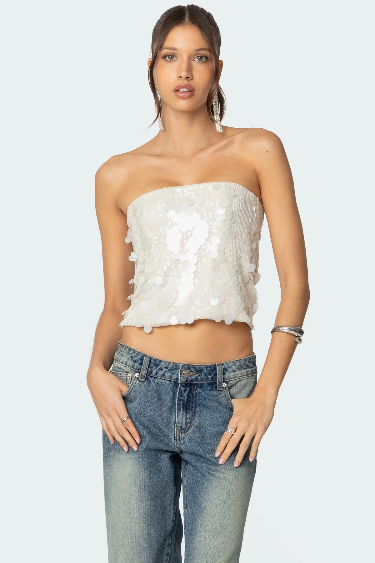 Sequin Strapless Top in Cream - Elegant Evening Wear