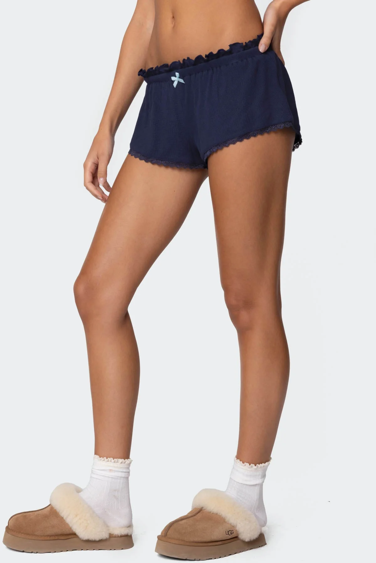Cozy Dream Waffle Sleep Shorts Navy Elastic Waist Lace Trim Size XS-XL