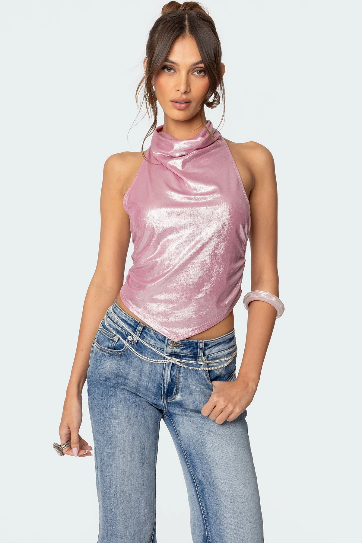 Pink Shiny Cowl Neck Halter Top