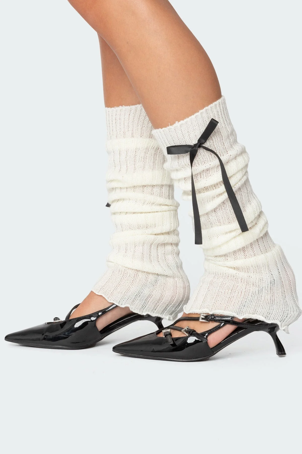 White Knit Ribbon Leg Warmers Accessory for Stylish Outfit