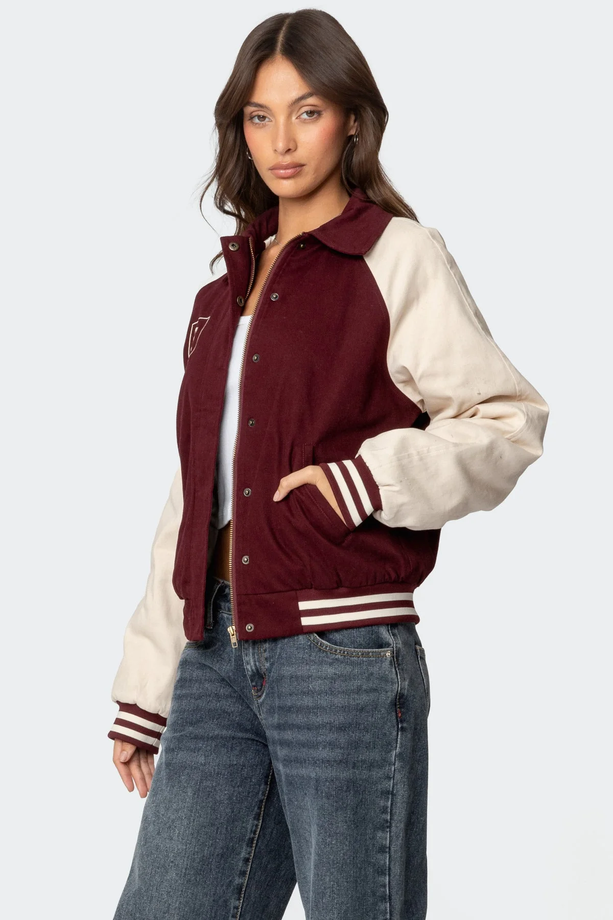 Burgundy Oversized Collared Bomber Jacket