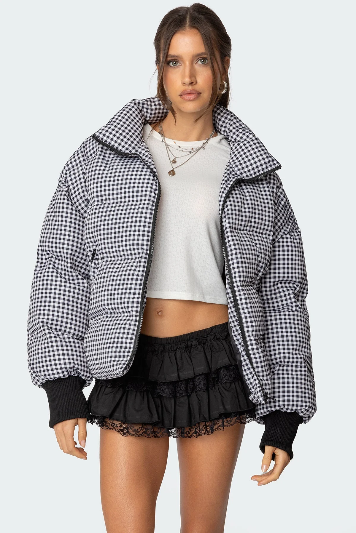 Black and White Oversized Gingham Puffer Jacket