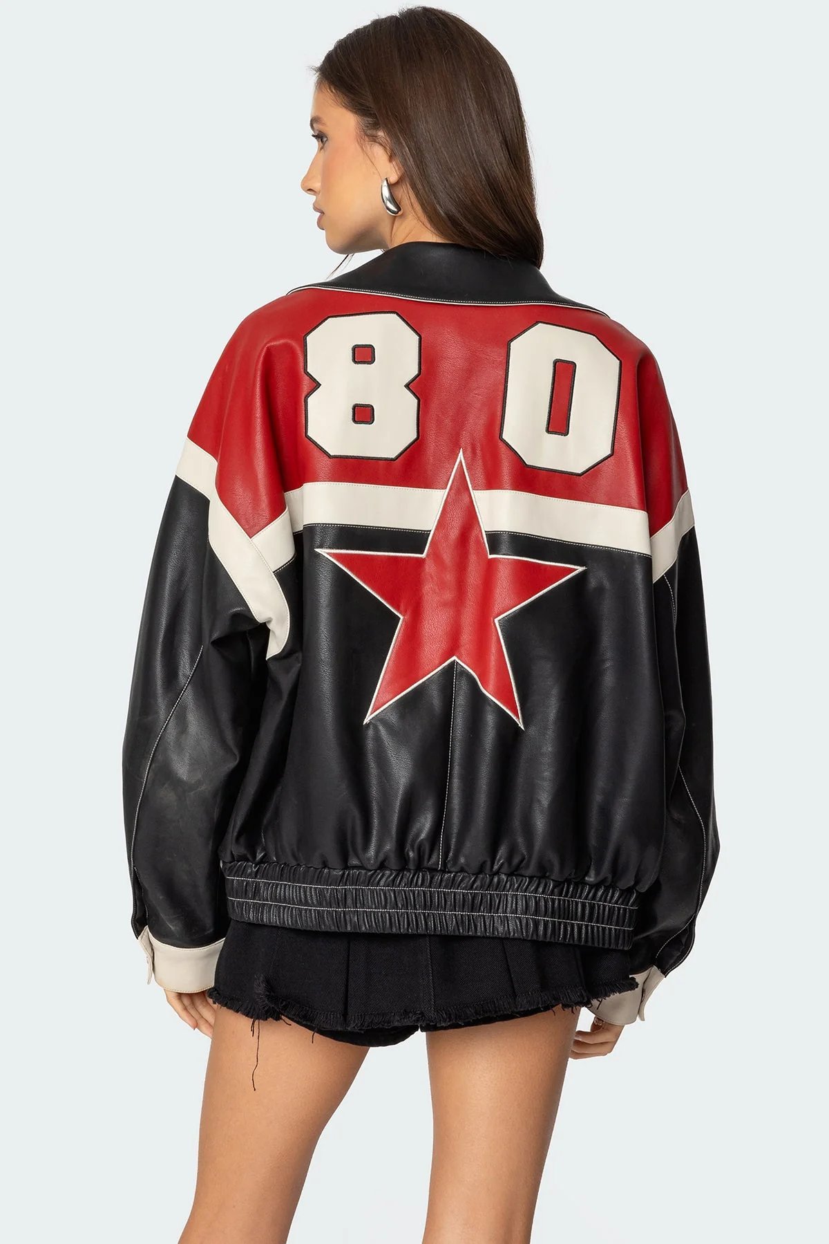 Faux Leather Moto Jacket with Graphic Star & 80 Patch