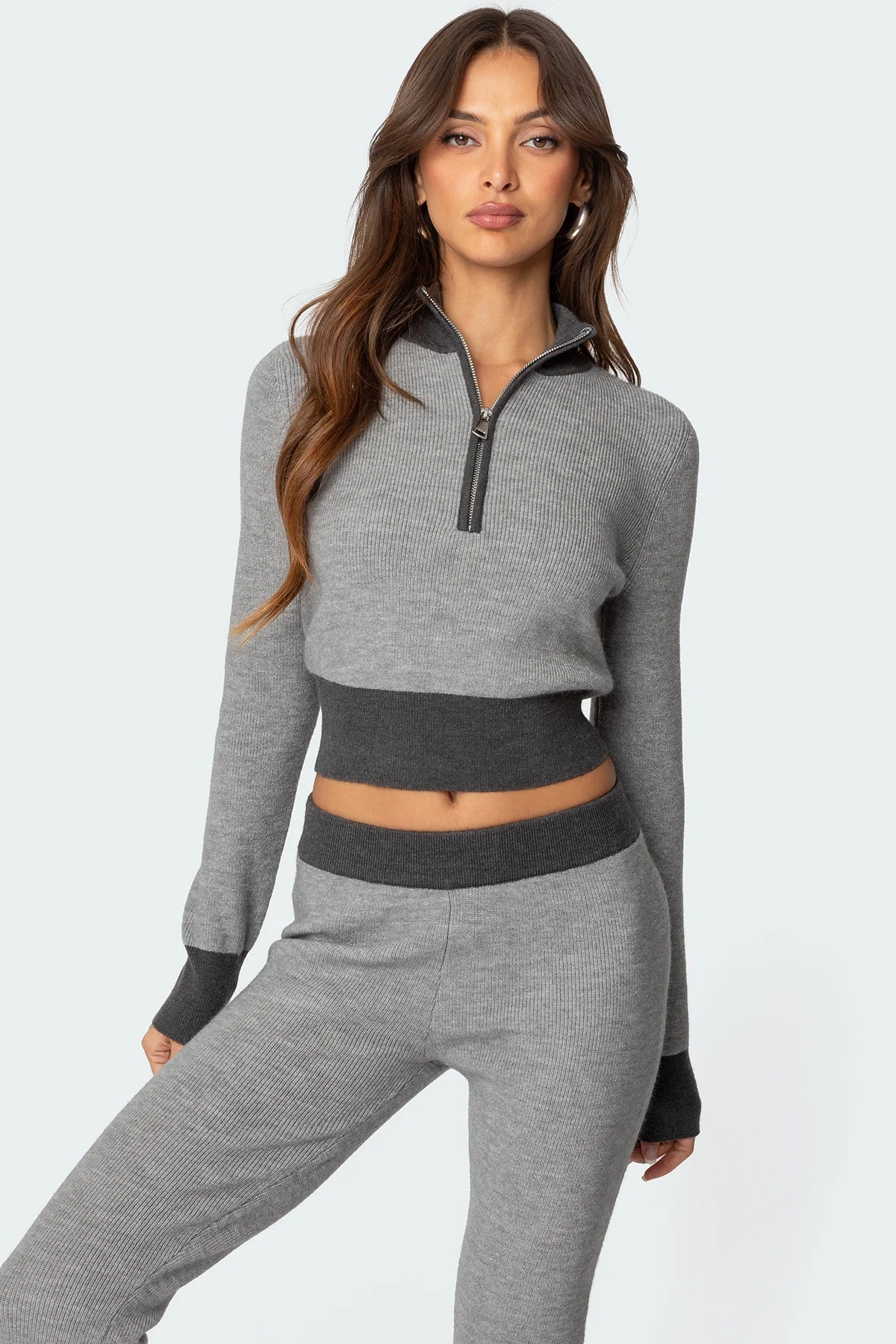Gray Knit High Neck Zip Sweater