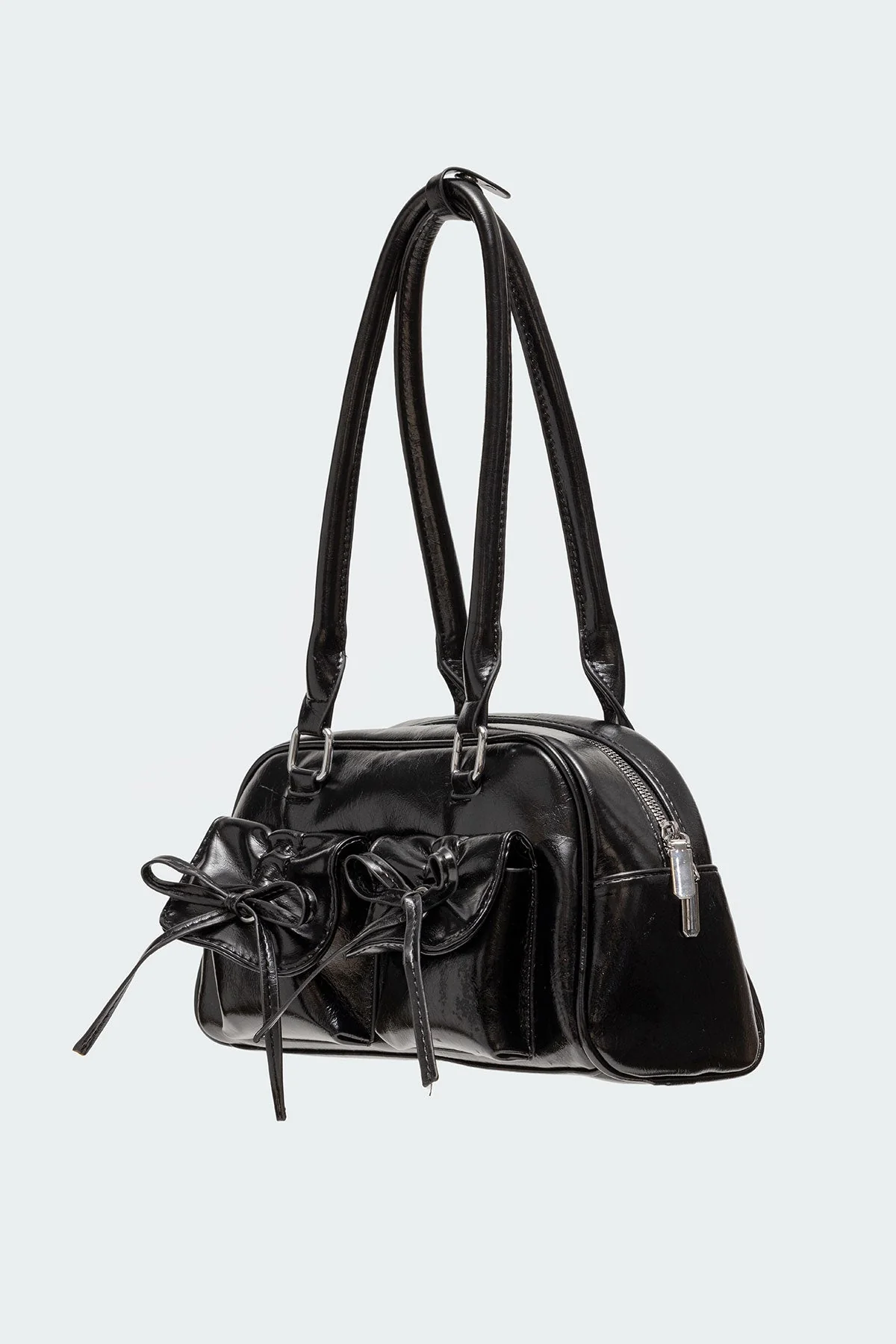 Black Faux Leather Shoulder Bag with Bow Detailing