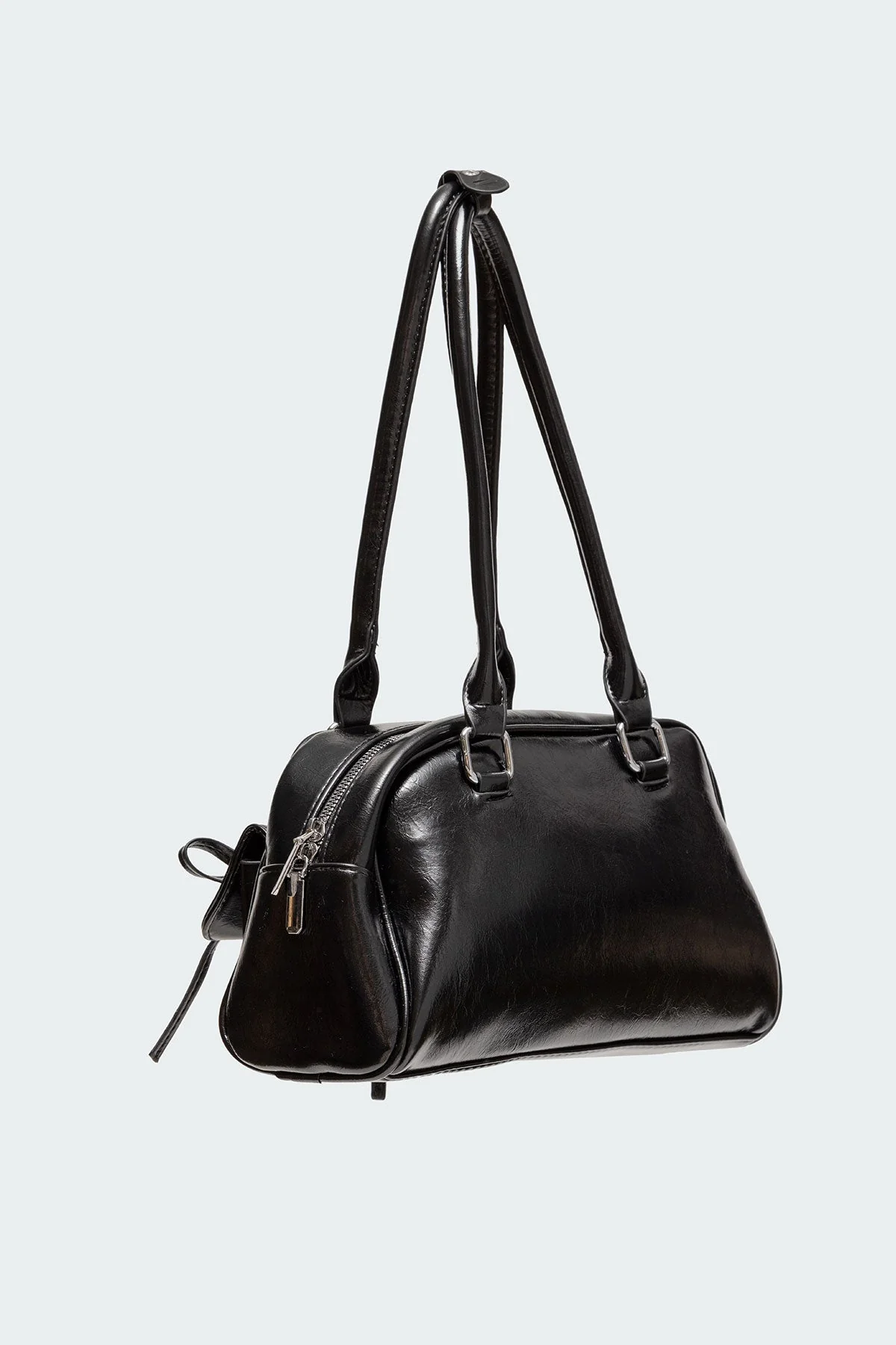Black Faux Leather Shoulder Bag with Bow Detailing