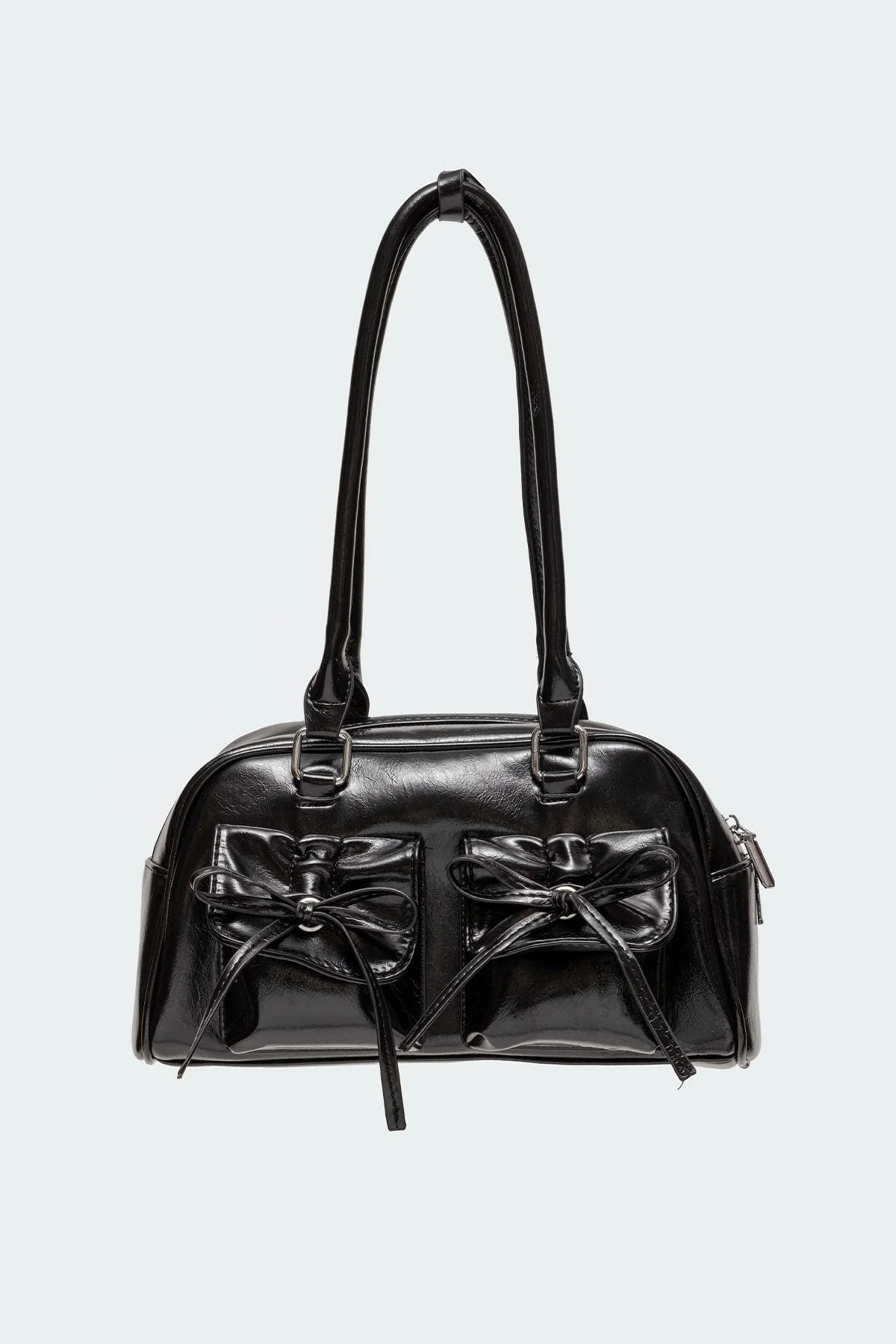 Black Faux Leather Shoulder Bag with Bow Detailing