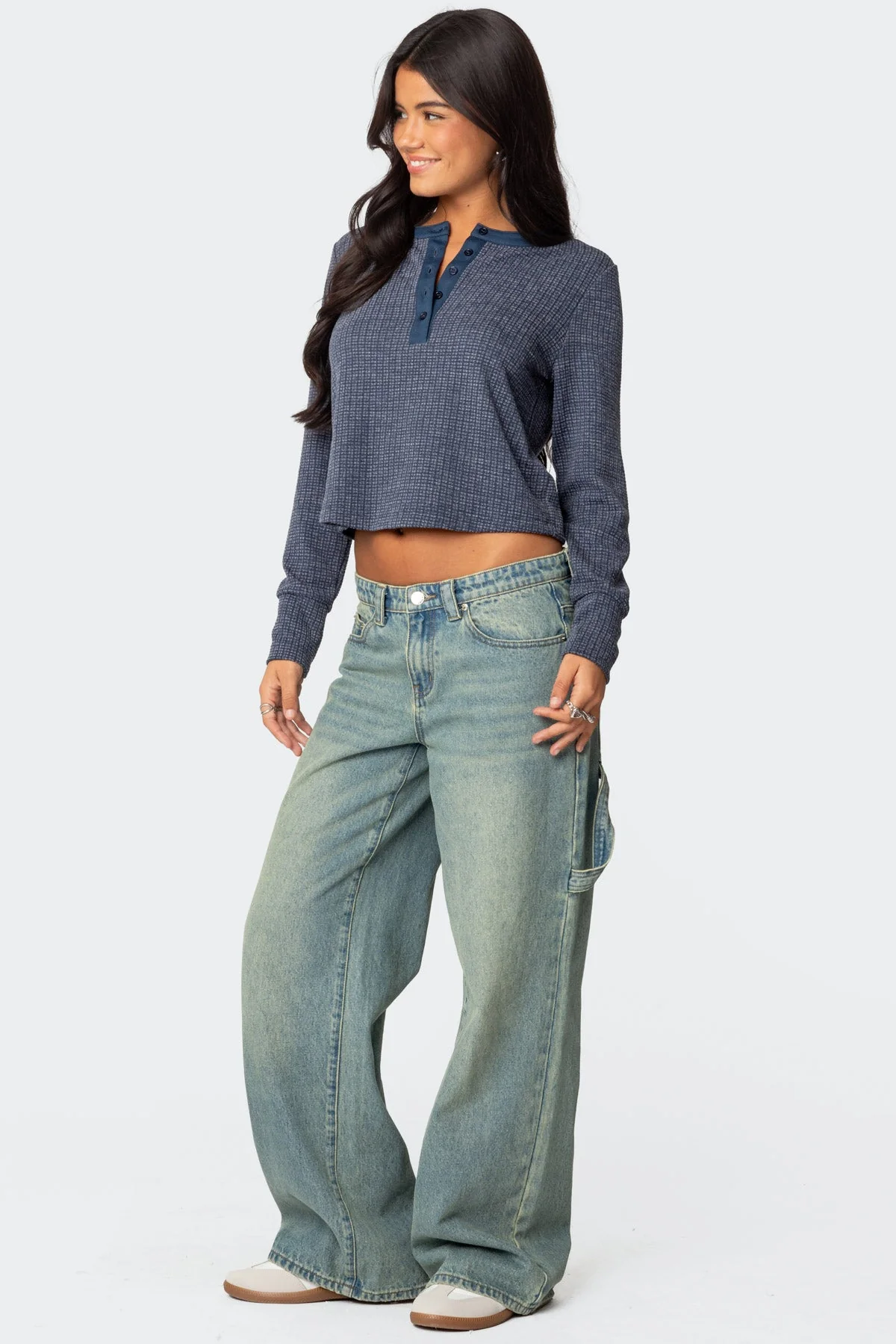 Navy Waffle Top Long Sleeve Henley - Womens Casual Wear