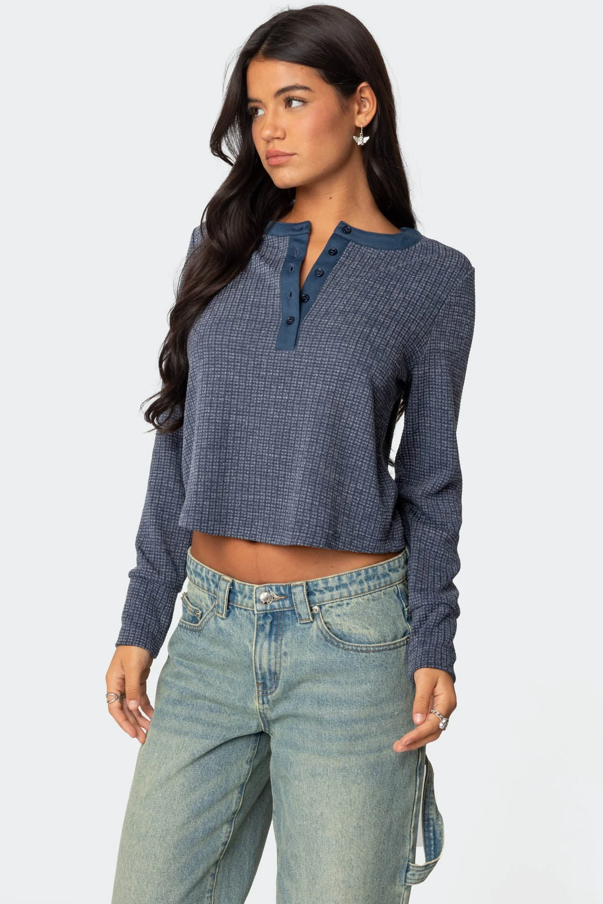 Navy Waffle Top Long Sleeve Henley - Womens Casual Wear