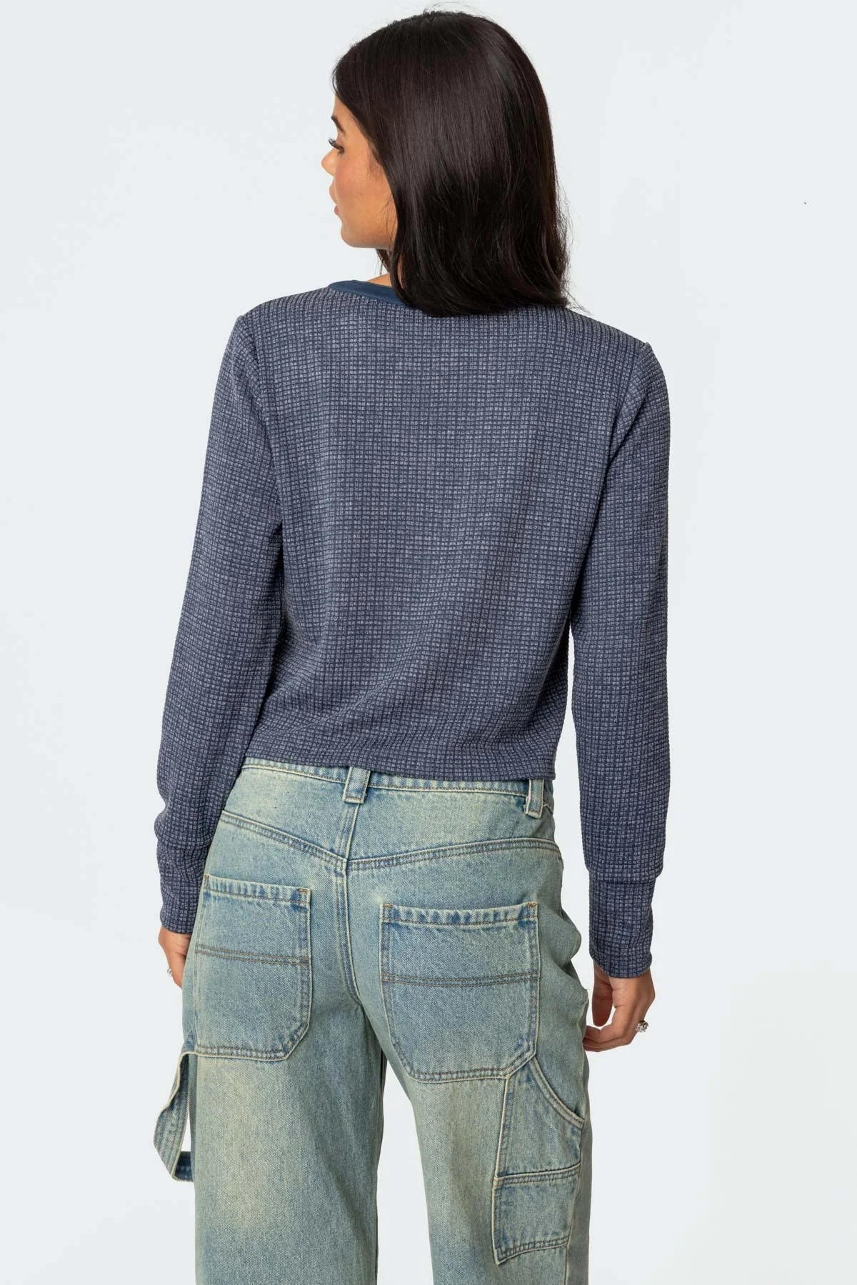 Navy Waffle Top Long Sleeve Henley - Womens Casual Wear