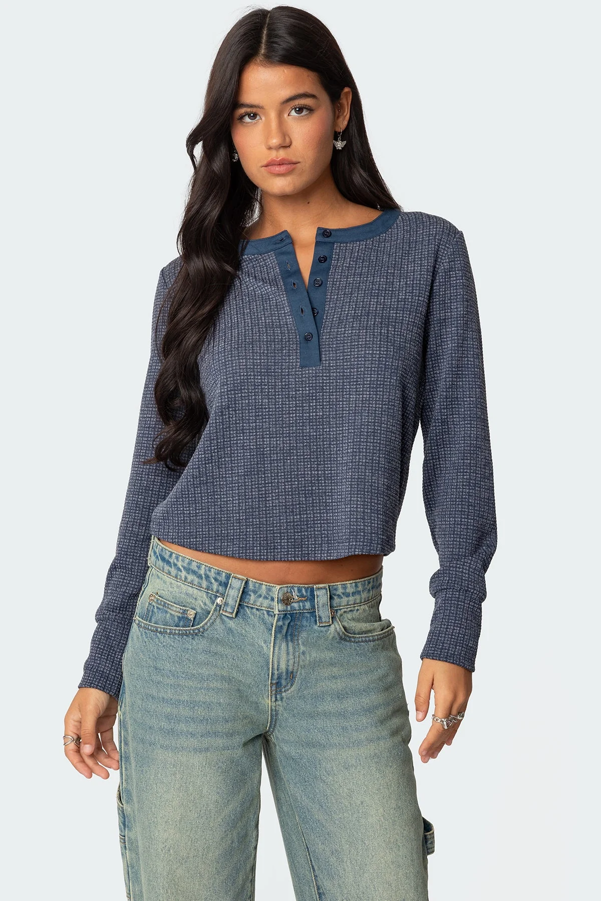 Navy Waffle Top Long Sleeve Henley - Womens Casual Wear