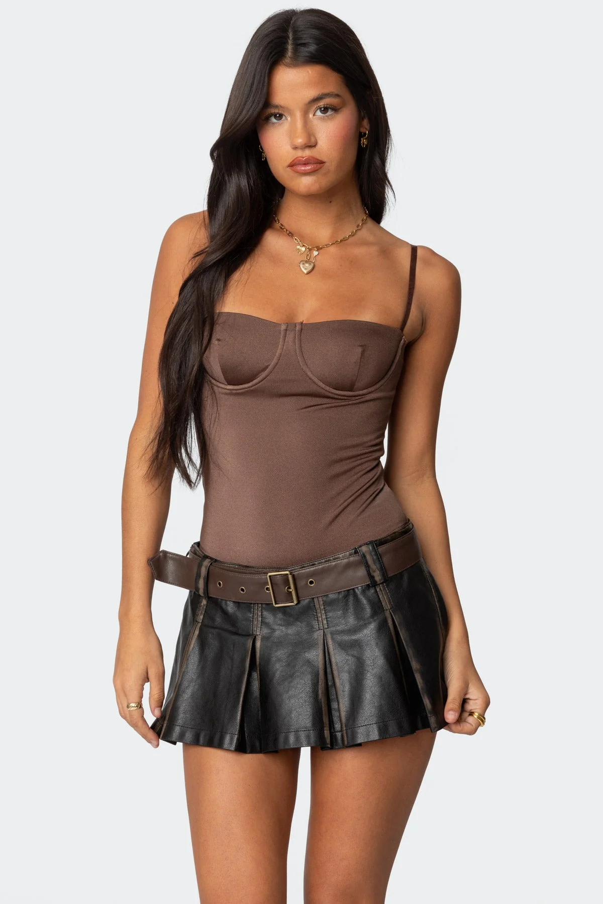 Shiny Brown Cupped Bodysuit - Adjustable Straps & Center Bow
