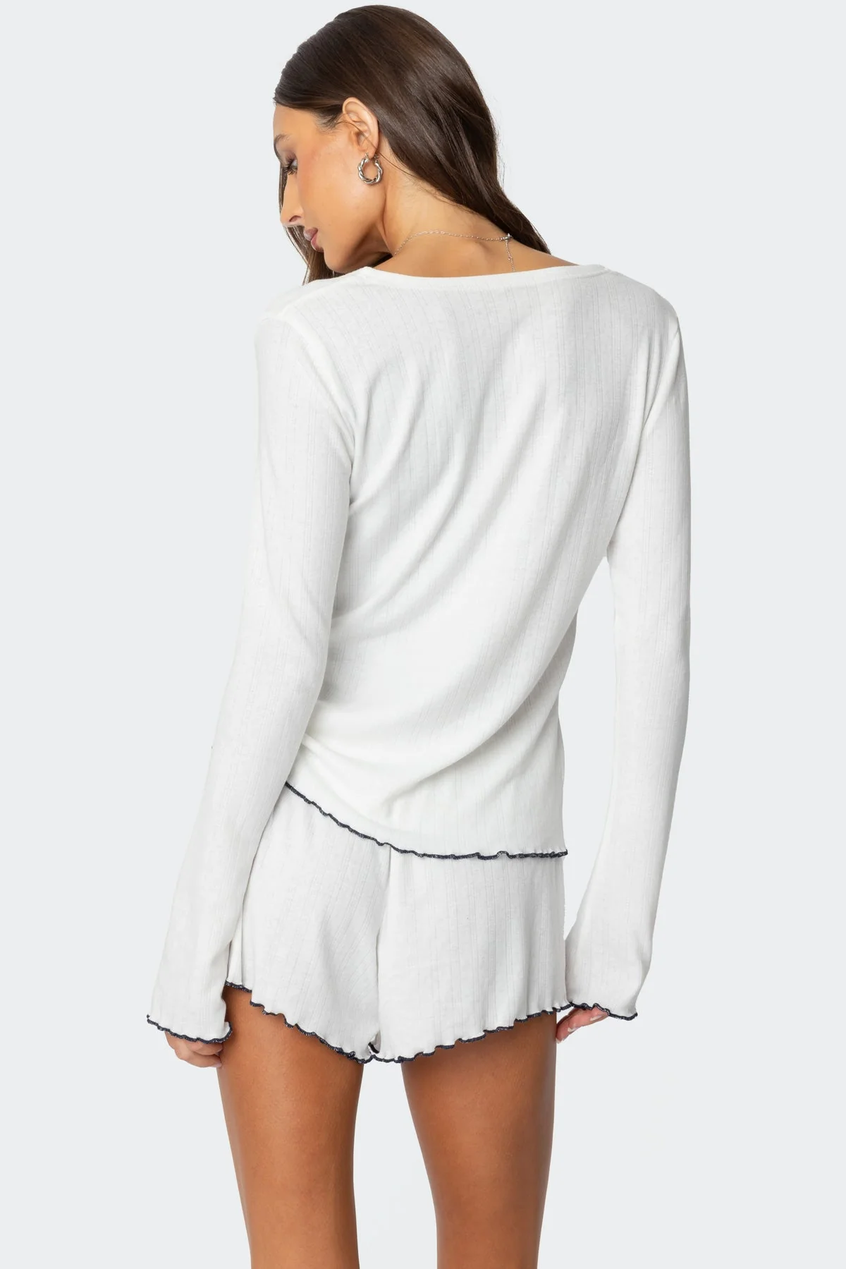 White Button Up Pointelle Top for Women