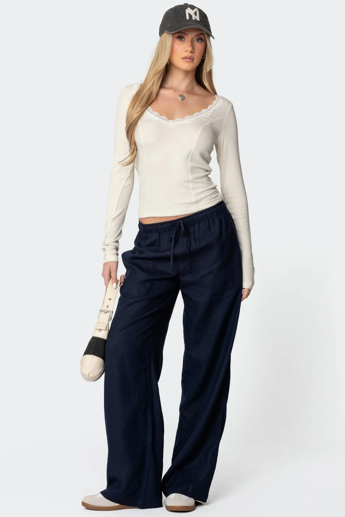 Navy Linen Straight Leg Pants Women