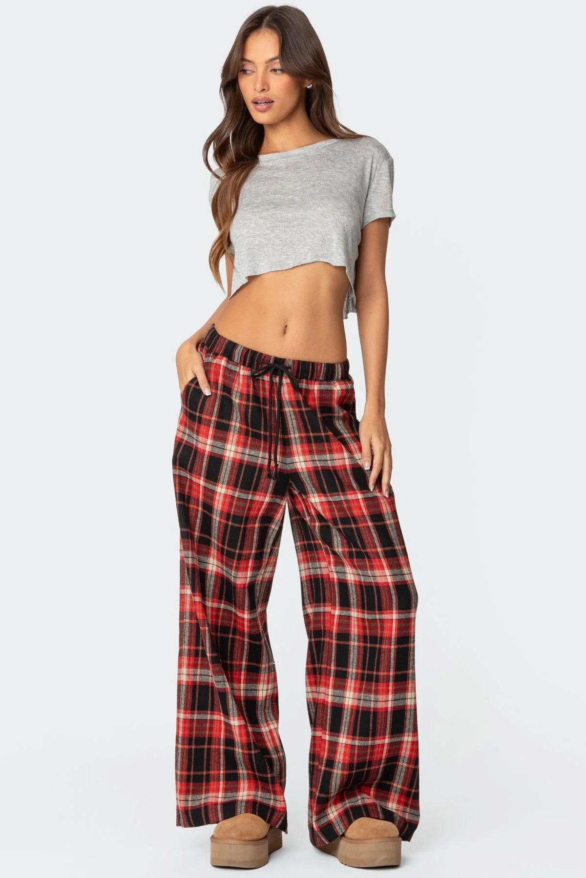 Red Plaid Comfy Wide Leg Lounge Pants