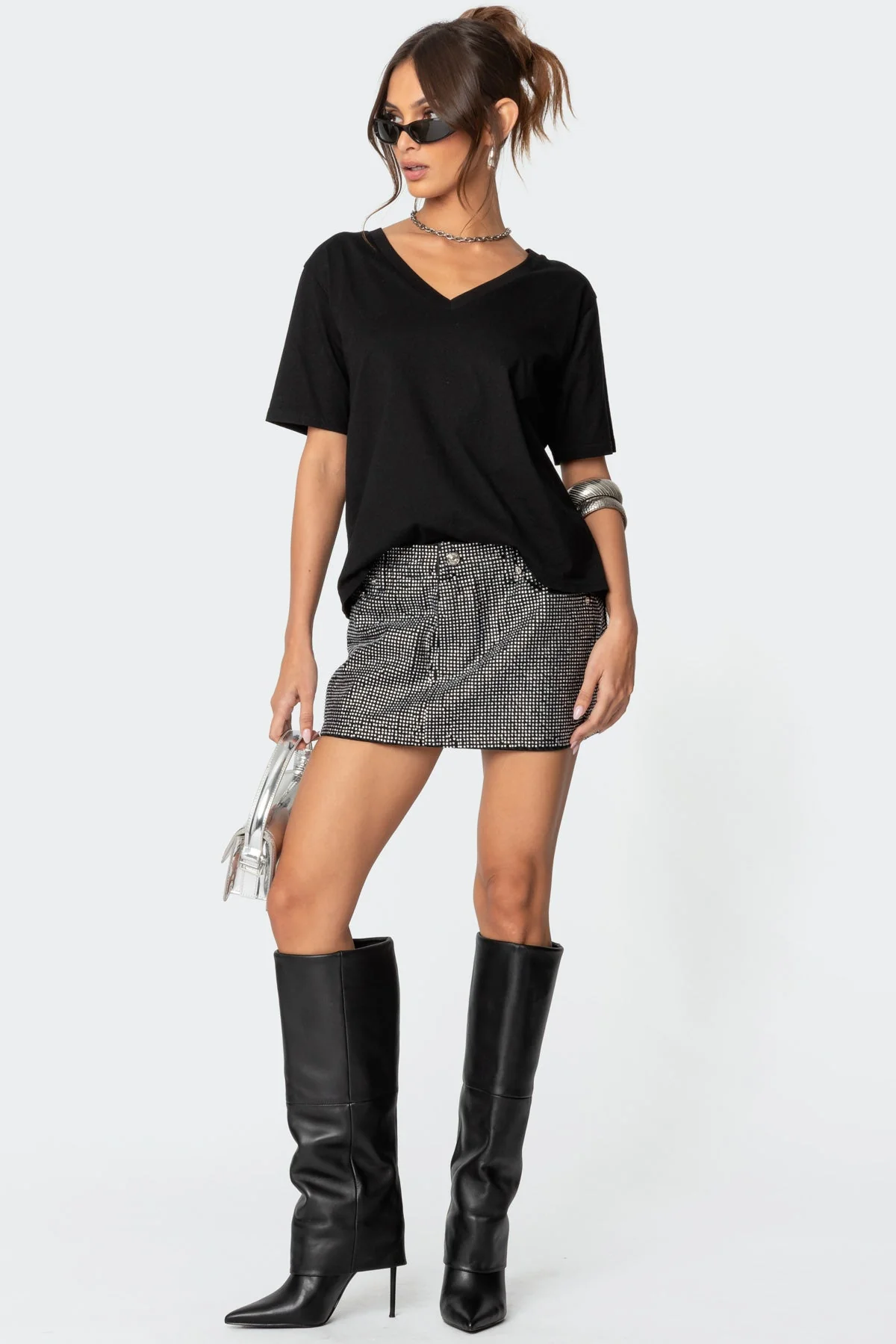 Silver Rhinestone Embellished Denim Mini Skirt