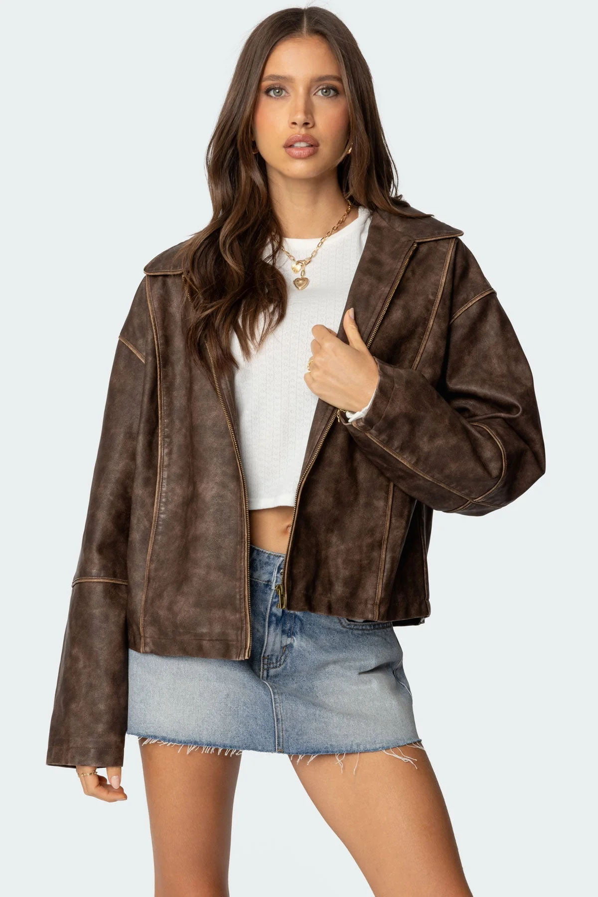 Brown Washed Oversized Faux Leather Jacket